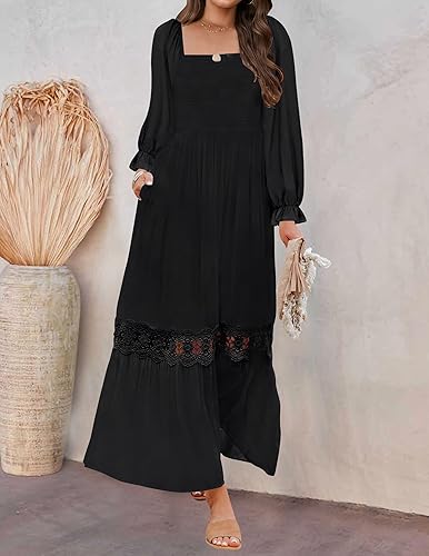 Miniatura 5 de ZESICA Vestido largo bohemio de manga larga con cuello cuadrado fruncido de cintura alta y corte acampanado para mujer