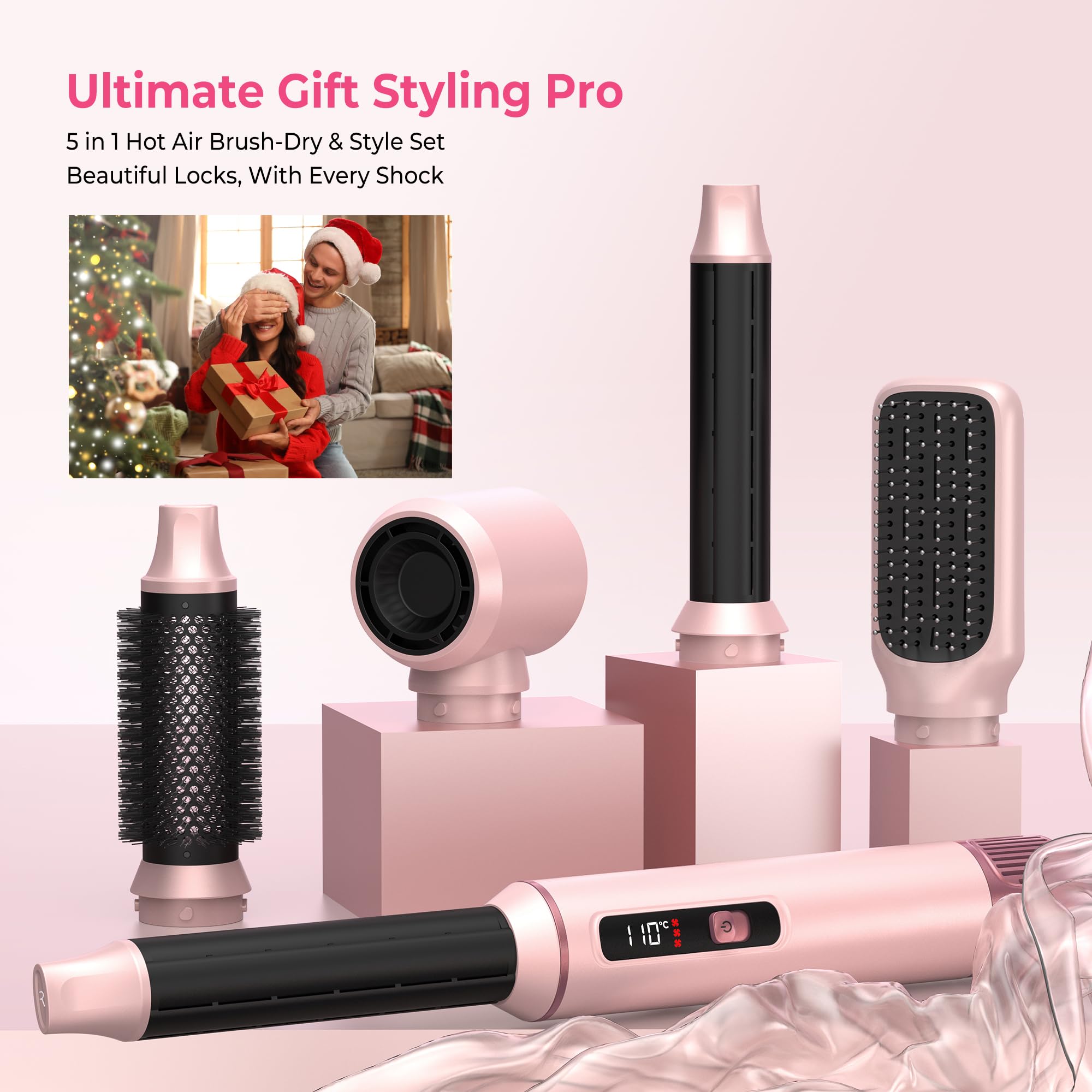 MogaWave Hair styler 5 in 1 Airbrush Haarstyler Air Styler mit LCD-Bildschirm und Temperaturanzeige 50-110℃ mit 1000W Haartrockner, Auto Air Culer, Warmluftbürste, Föhnbürste, Rundbürstenföhn