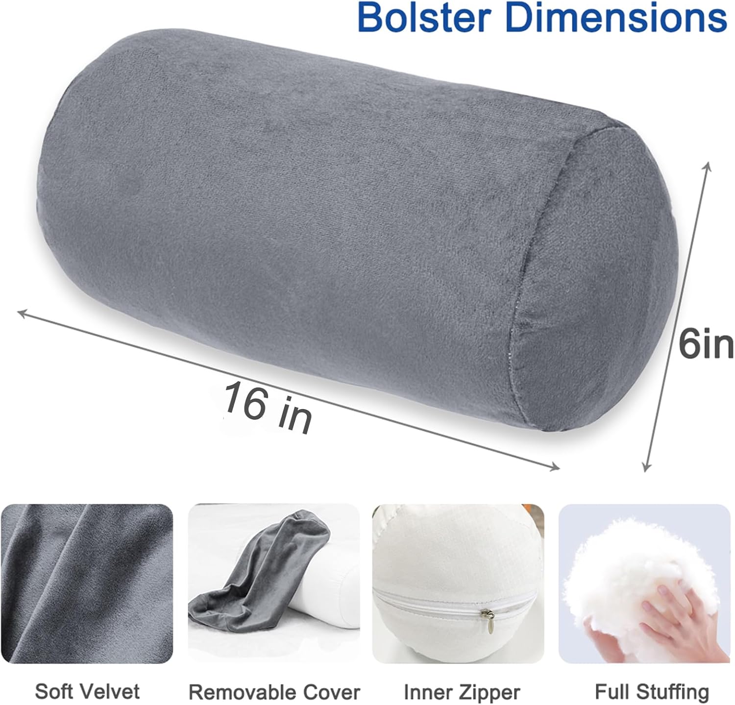 1 MIDDLE ONE Bolster Pillow with Removable Velvet Cover, Round Cylinder Neck Roll Pillow for Head, Back, Leg Support, Decorative Bed and Couch Pillow 16 x 6 Inches (Grey)