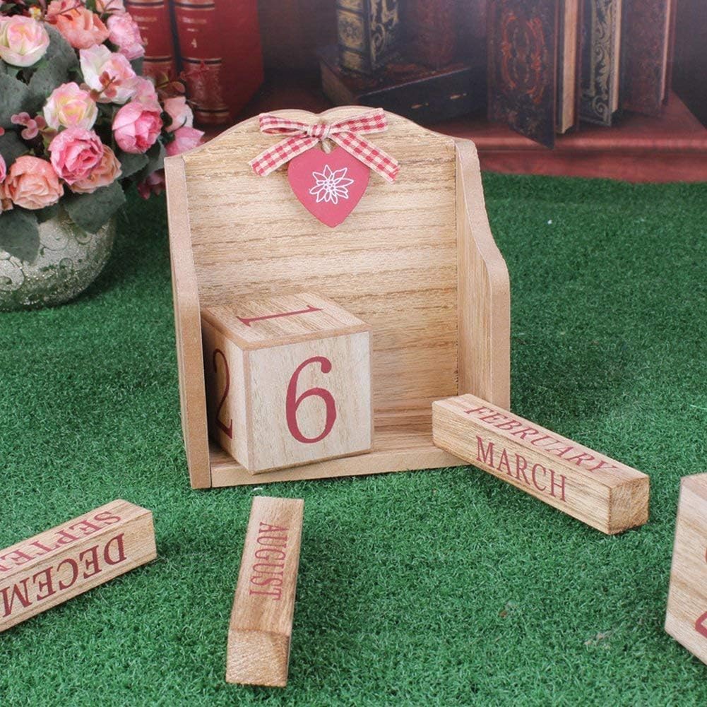 Vintage Wooden Blocks Perpetual Calendar, Wooden Perpetual Desk Calendar Home and Office Decoration (Pink)