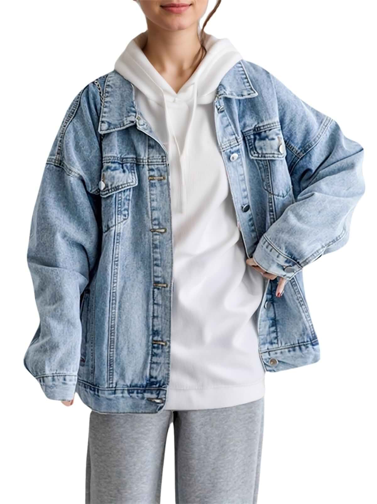 LifeShe Women Oversized Denim Jacket Boyfriend Loose Fall Trucker Coats Y2K Trendy Jean Jackets, Button Down, Pockets, Casual Daily Outfits, Weekend Travel Streetwear, Cowgirl Country Concert