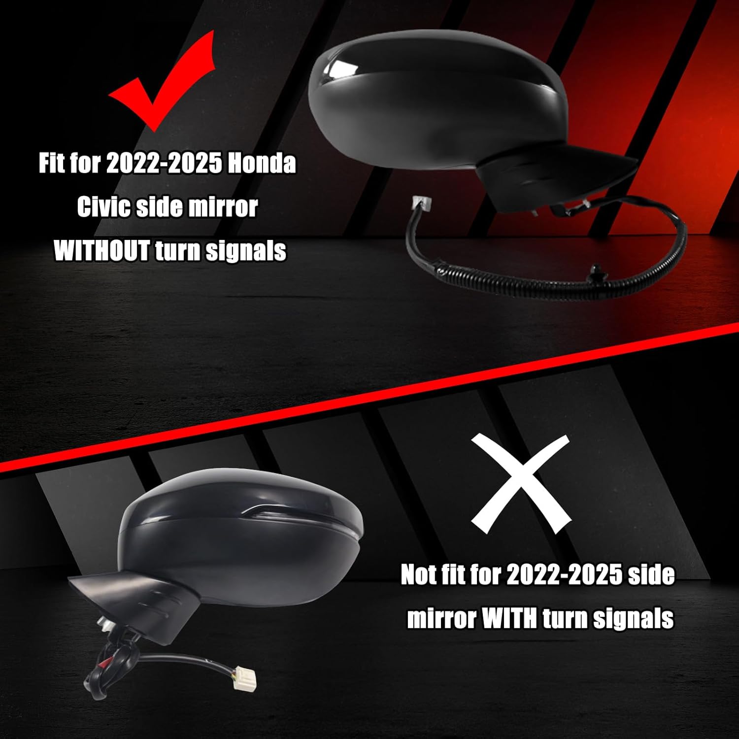 Black Lower Mirror Cover Replacement for 2022-2025 Honda Civic 11th W/O Turn Signals, Side Mirror Bottom Cover Caps (Left Driver Side)