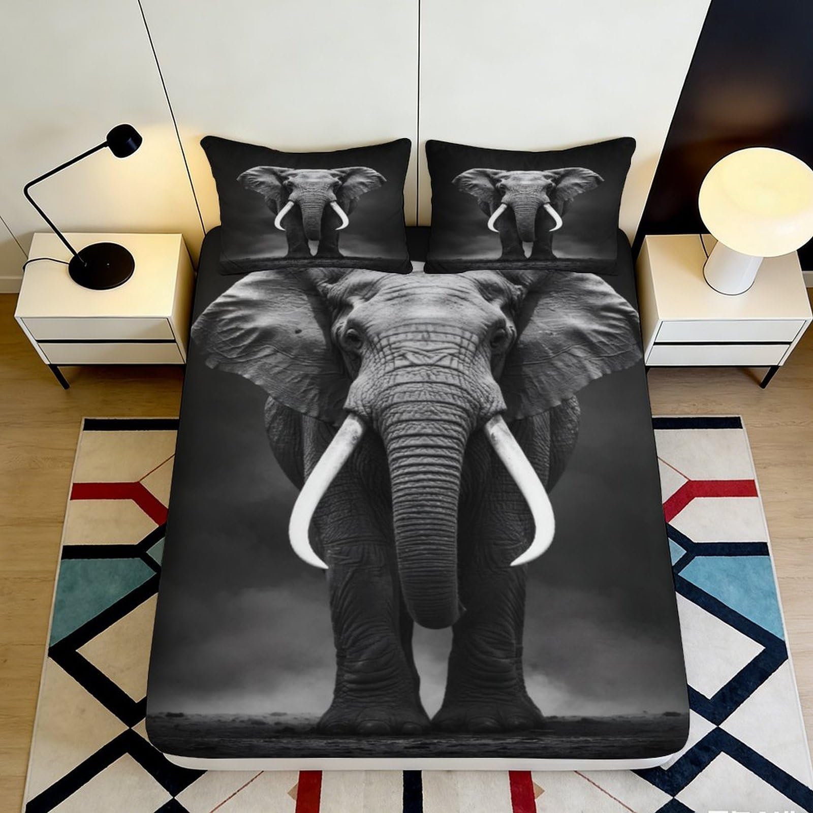 3D Printed Elephant Fitted Sheet Microfiber Soft Breathable Animal Print Bed Cover for Bedroom Dormitory Guest Room Mattress Protection Decor 200x200x25cm