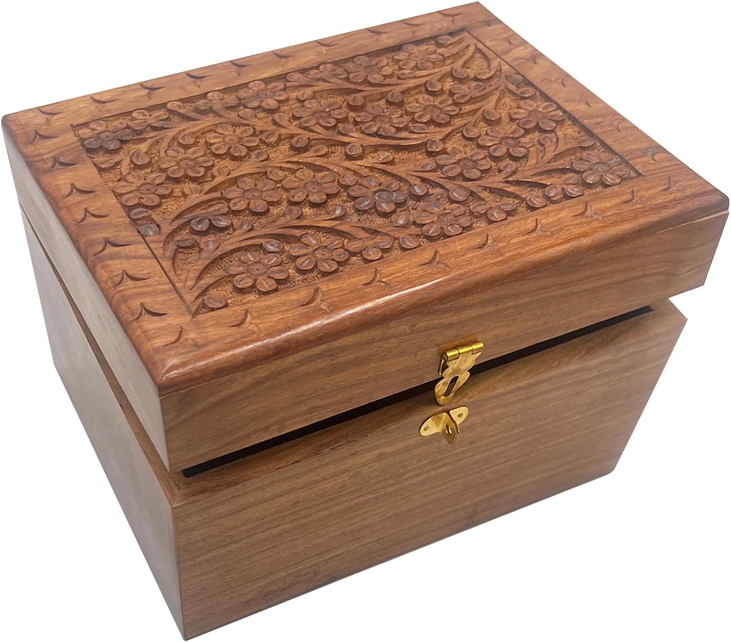 Adult Size Hard Wood Human Funeral Cremation Urn with Hand Engraved Flower Design and a Personalized Name Plate