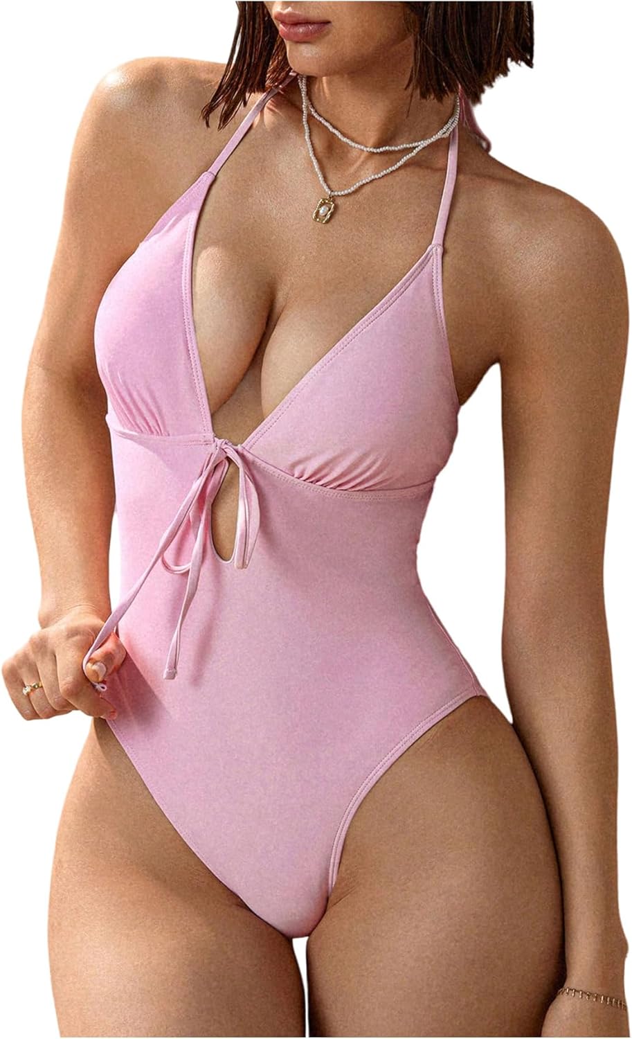 WDIRARA Women's Halter One Piece Swimsuit Deep V Neck Tie Backless Swimwear