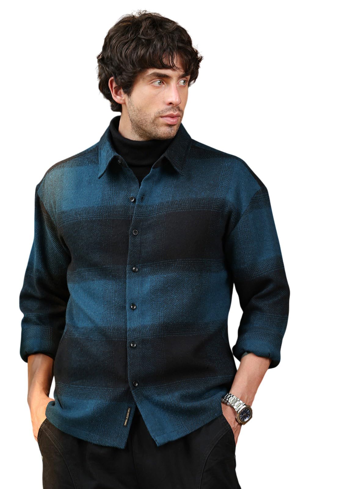 cahoot Men's Vignette Checkered Oversized Shirt | Spread Collar, Long Single Button Cuff Sleeves | Button, Straight Hem | Woven Fabric for Casual Navy Blue:Midnight Black-picture-12