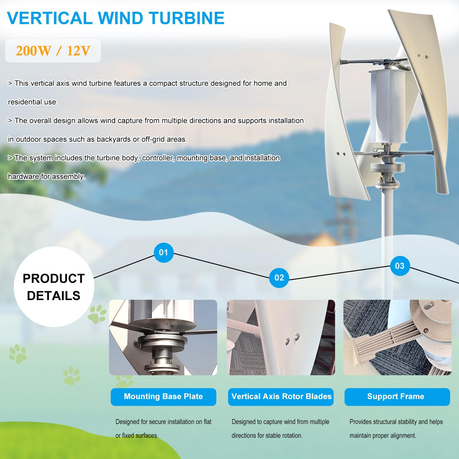 Kleine 10000-W-Vertikalachsen-Windkraftanlage für Haus und Garten – Effizientes 12-V-Gleichstrom-System für Garten, Hütte, Wohnmobil und Boot
