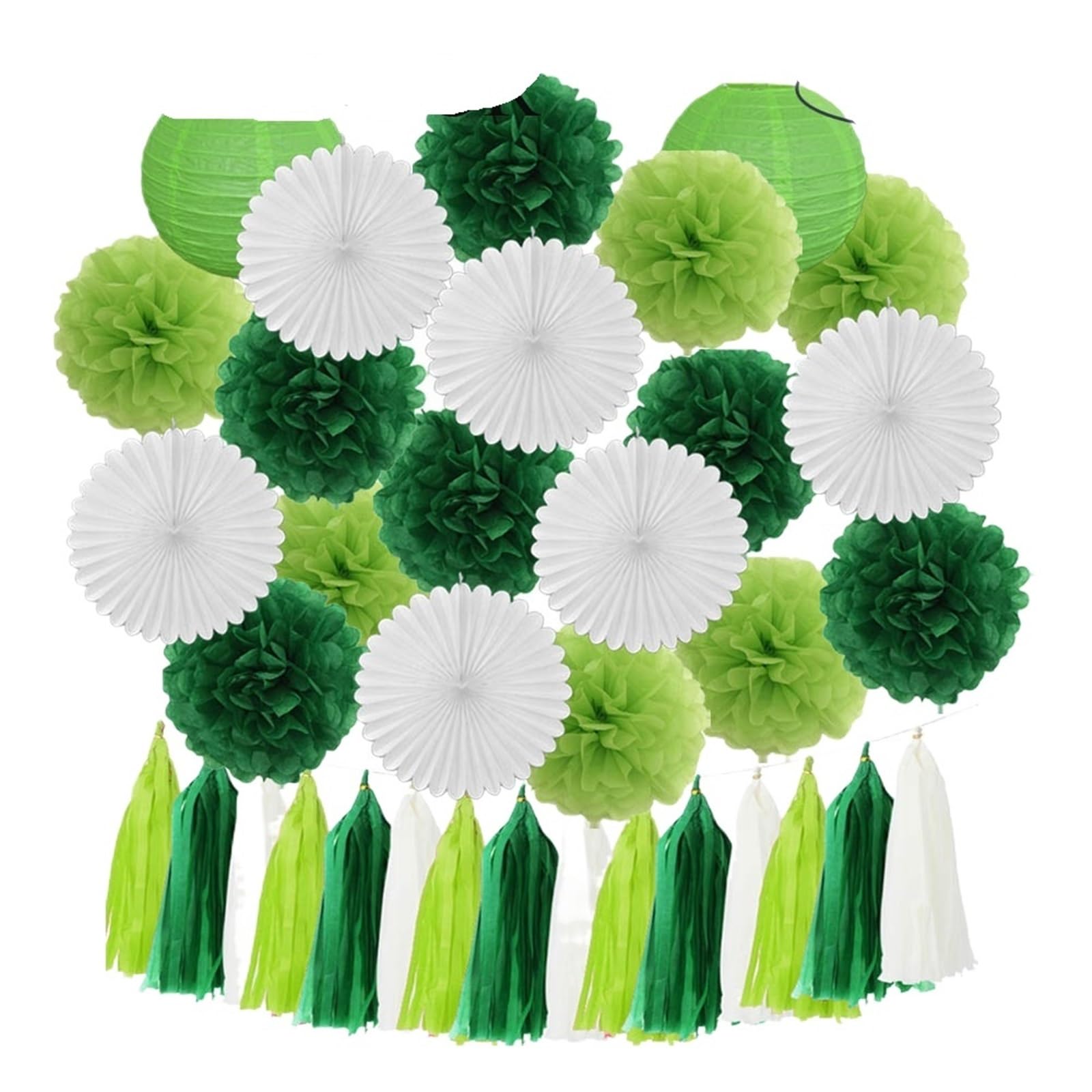 Paper Lanterns Boy Birthday Party Favor Hanging Paper Lantern Fan Wedding Decor Blue White Set Tissue Pompom Tassel(Green Set)