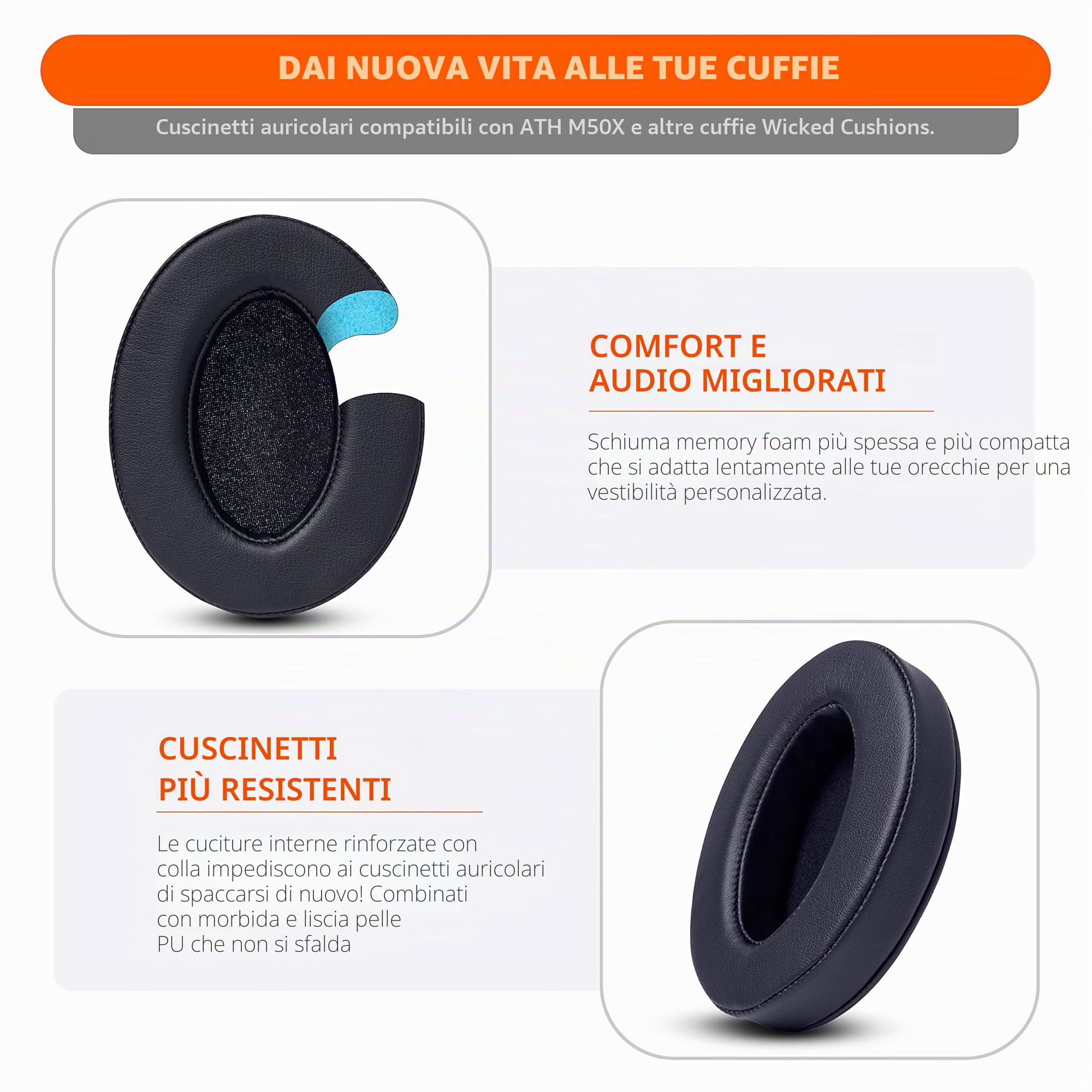 WC PadZ - I cuscinetti per eccellenza di Wicked Cushions - Compatibili con Audio Technica, HyperX, SteelSeries Arctis - Extra spesso - Apertura più ampia - Morbida memory foam | nero