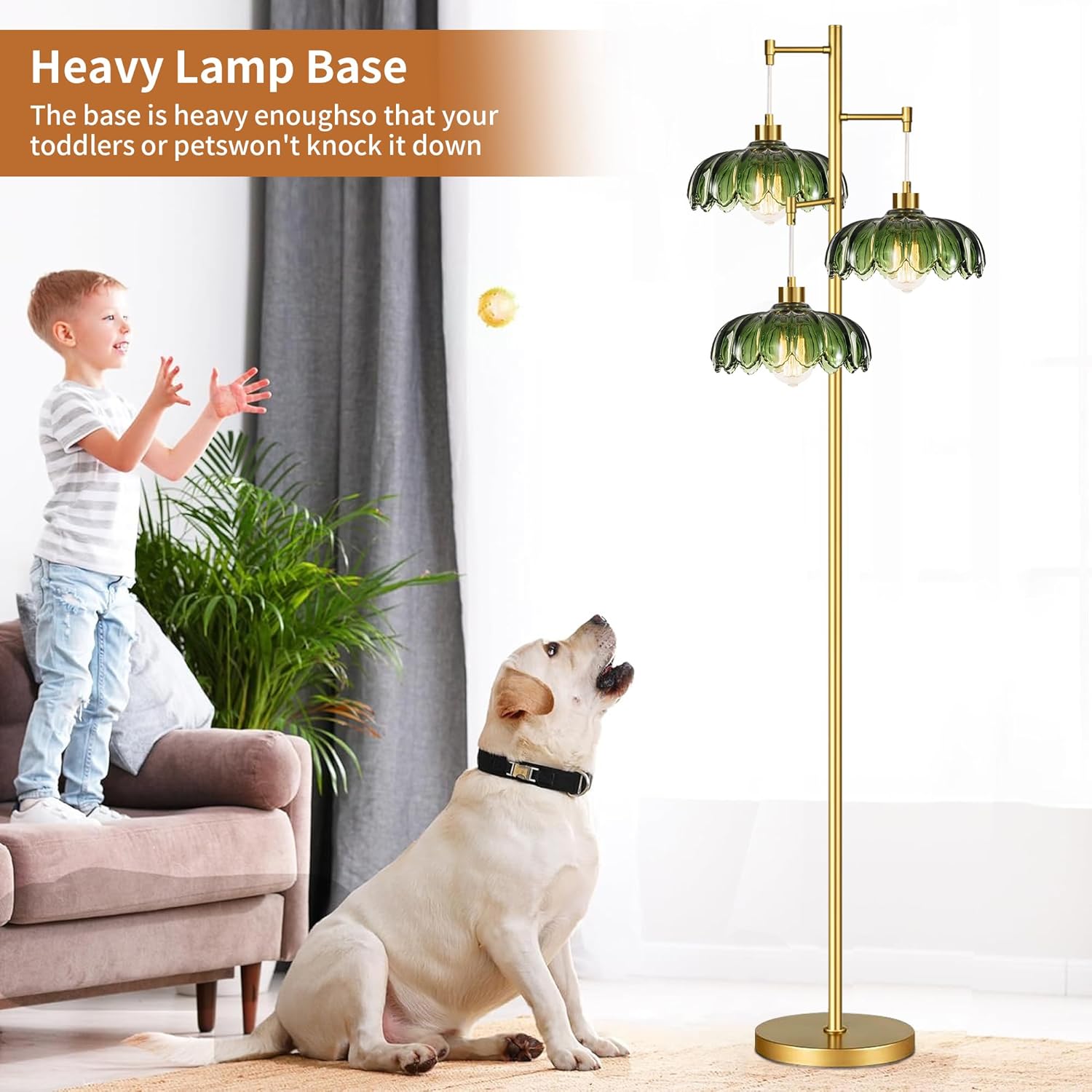 Gold Floor Lamp for Living Room Bedroom,Modern Floor Lamps with Unique Green Glass Shades,3 Lights Mid Century Tall Standing Lamp,Vintage Tree Flower Floor Lamp for Corner Office Reading