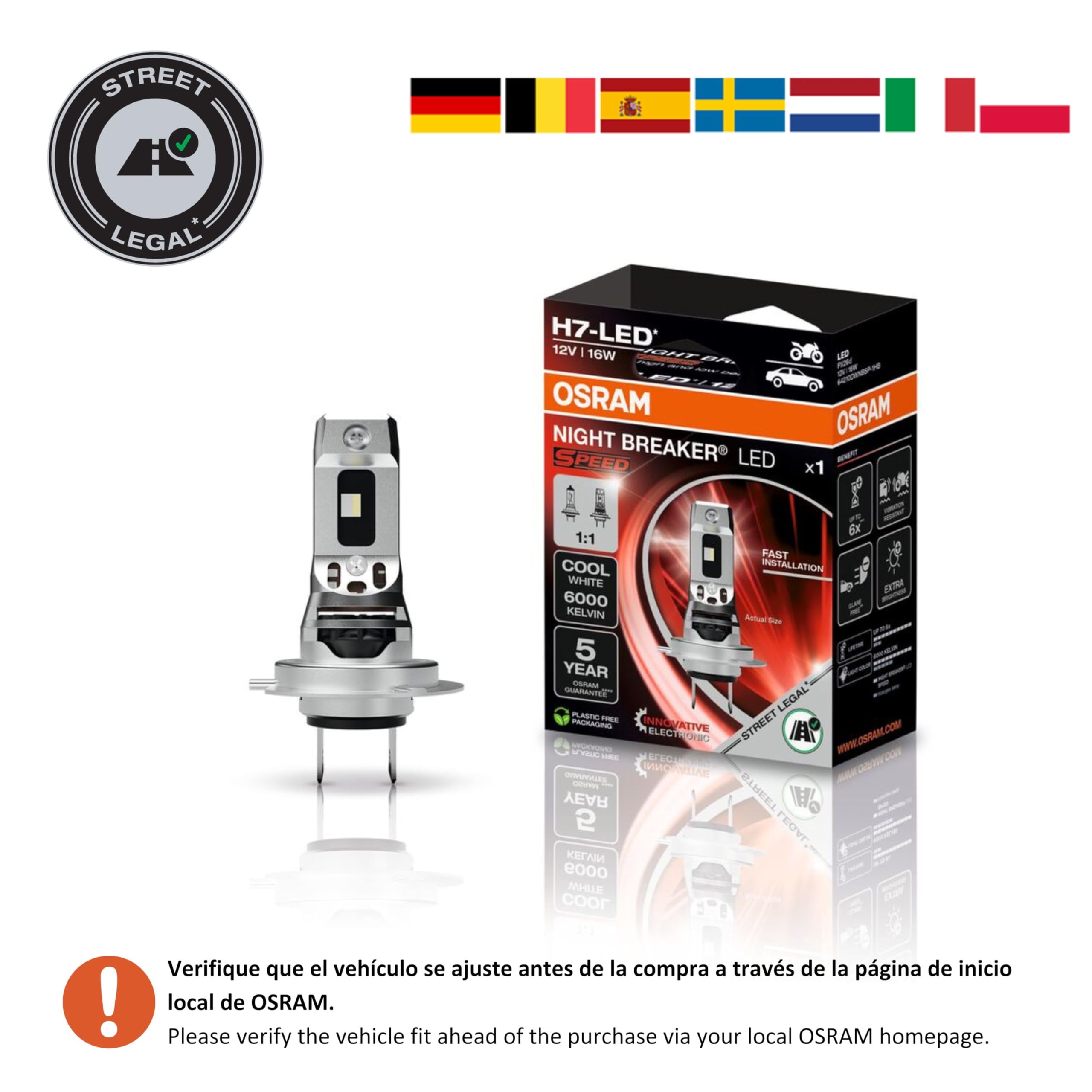 OSRAM NIGHT BREAKER LED SPEED H7 para motocicletas, lámpara LED de adaptación para motocicletas homologadas, 6000K, instalación rápida, sin necesidad de accesorios mecánicos,LEDEC02 integrado,1lámpara