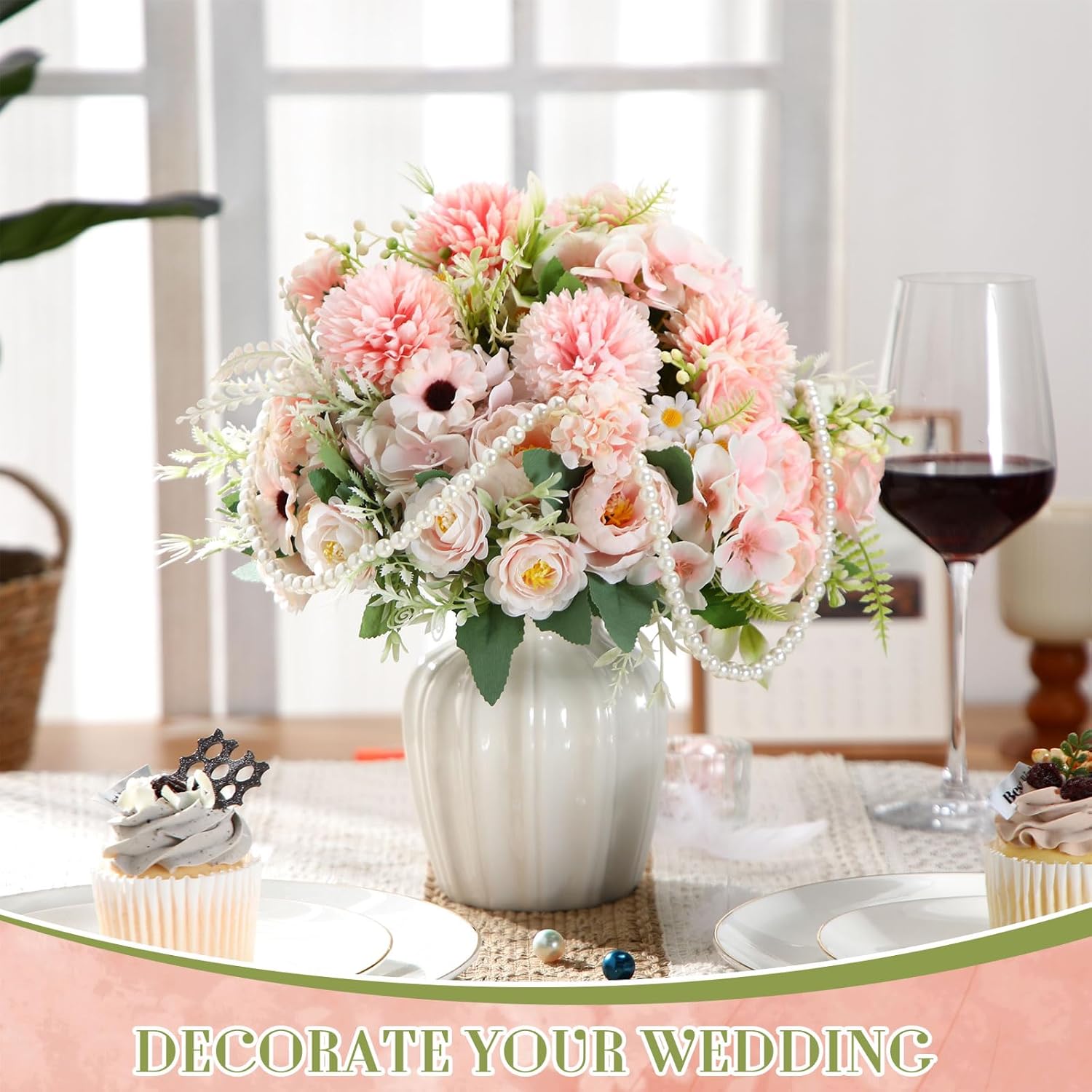Tigeen 6 Bundles Artificial Bouquet Flowers Artificial Peonies Faux Roses Silk Flowers Hydrangea Bouquet for Wedding Table Centerpiece Floral Vase Decor (Pink)