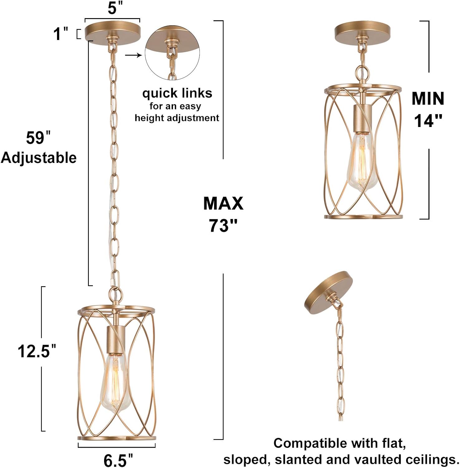 Optimant Lighting Gold Pendant Lighting for Kitchen Island, Modern Cage Hanging Light Fixture for Hallway, Dining Room, Foyer and Bedroom - - 