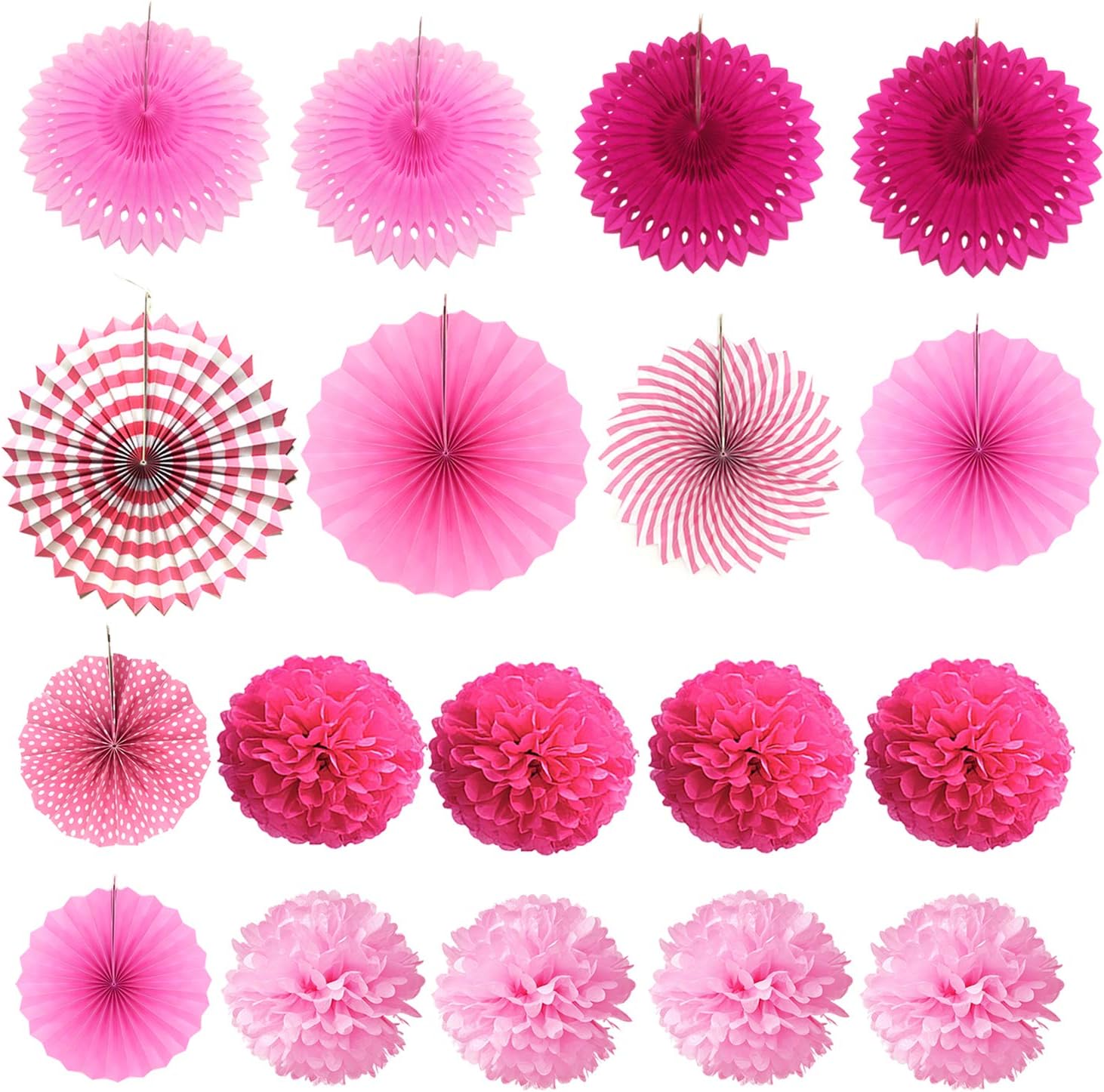 ZERODECO Party Decoration, 21 Pcs Pink Hanging Paper Fans, Pom Poms Flowers, Garlands String Polka Dot and Triangle Bunting Flags for Birthday Parties, Bridal Showers, Baby Showers, Wedding