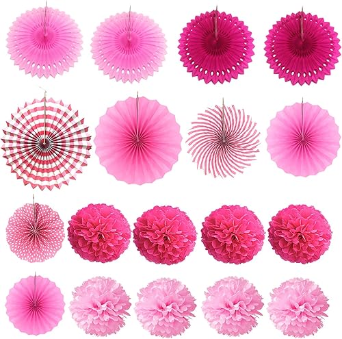 Miniatura 7 de ZERODECO - Decoración para fiestas, 21 abanicos de papel rosa para colgar, pompones, flores, guirnaldas, tiras de lunares y banderines triangulares