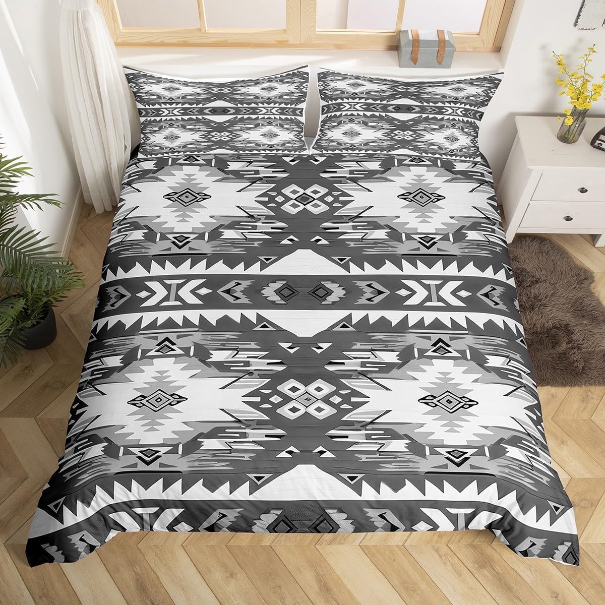 Feelyou Grey Southwestern Bedding Set King Size Geometric Comforter