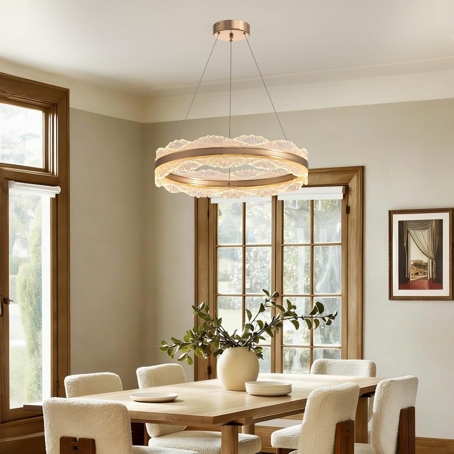Gold Chandelier Light Fixture 23.6" Modern Led Chandelier 3 Colors Dimmable Chandeliers for Dining Room Contemporary Pendant Ceiling Light for Kitchen Island Bedroom Living Room with Remote Control