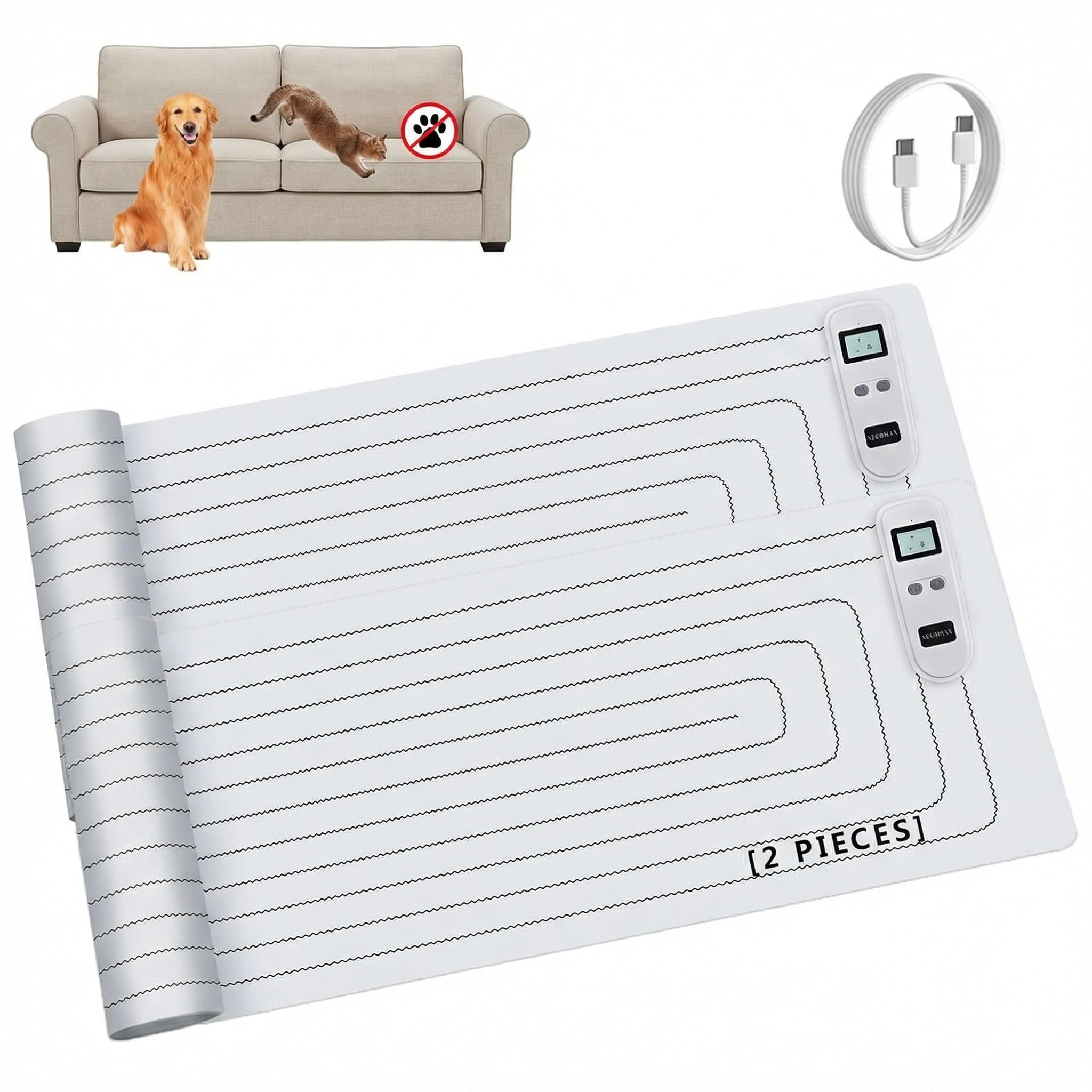 SEERWAY Paquete de 2 alfombrillas recargables de entrenamiento para mascotas, almohadillas disuasorias electrónicas para perros y gatos, 3 modos ajustables que mantienen a las mascotas fuera del sofá