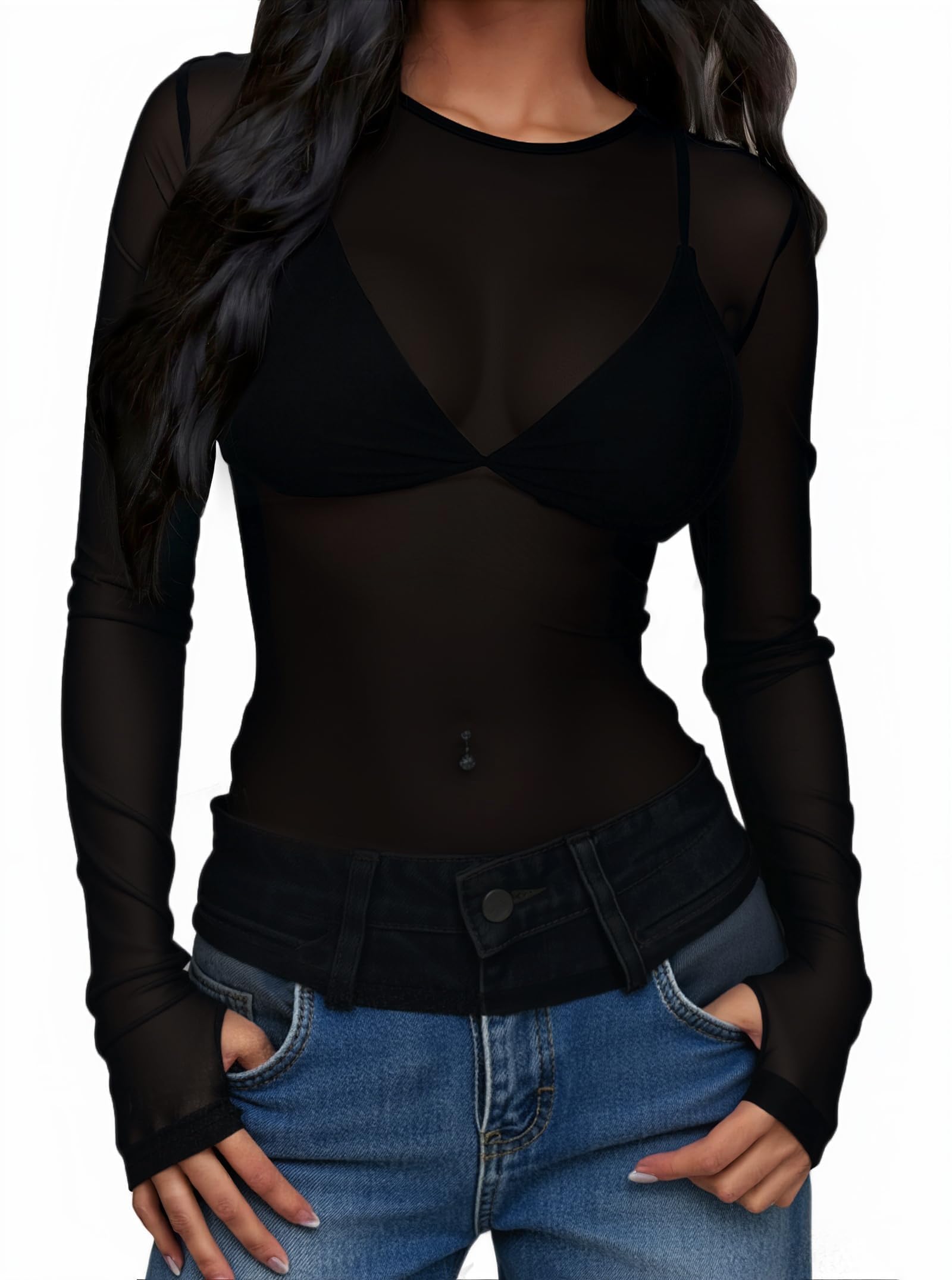 Amazon.com: Remidoo Women Sheer Mesh Top Crewneck Long Sleeve