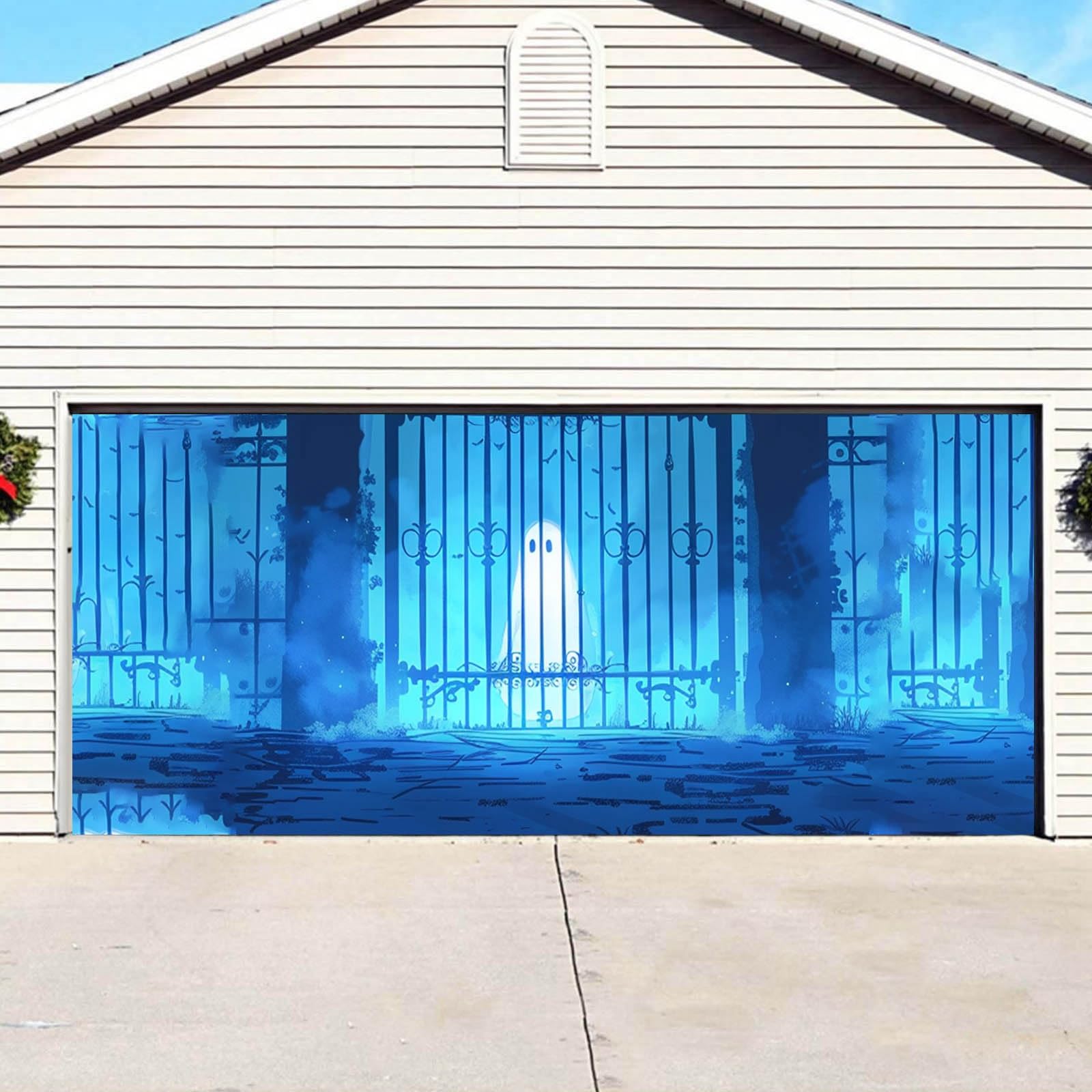 Bannière Halloween Pour Porte De Garage 8x7 Pieds - Décor Effrayant Citrouille, Toile Polyester