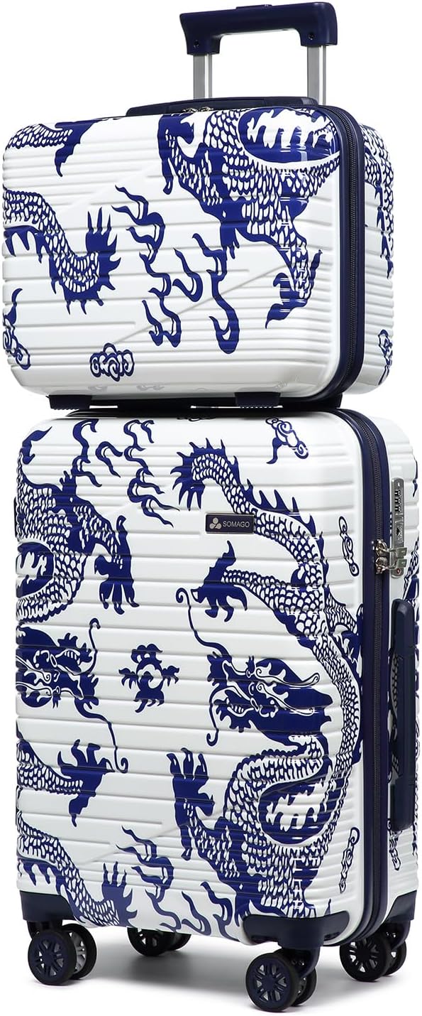 Somago Carry on 2 Piece Luggage Set 20 inch Airline Approved 100% PC Hardside Lightweight Travel Suitcase with Wheels TSA Lock YKK Zippers Loong Cultural Design(14"/20", Loong White)