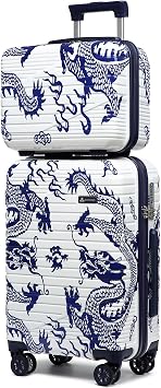 Somago Carry on 2 Piece Luggage Set 20 inch Airline Approved 100% PC Hardside Lightweight Travel Suitcase with Wheels TSA Lock YKK Zippers Loong Cultural Design14"/20", Loong White