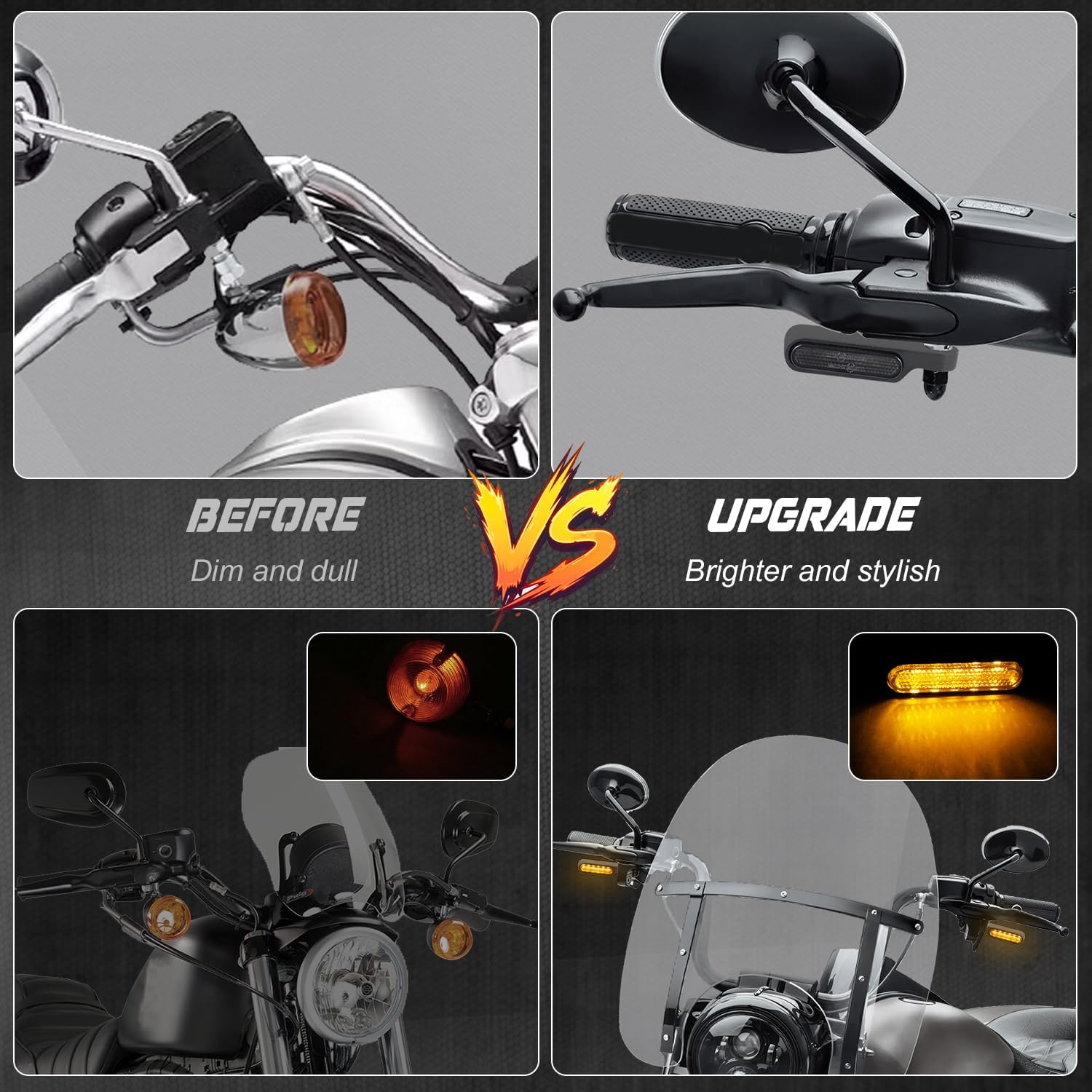 NTHREEAUTO Universal Motorcycle Turn Signals Front Handlebar Sequential LED Blinkers Amber Lights Compatible with Harley Honda Yamaha Kawasaki Suzuki