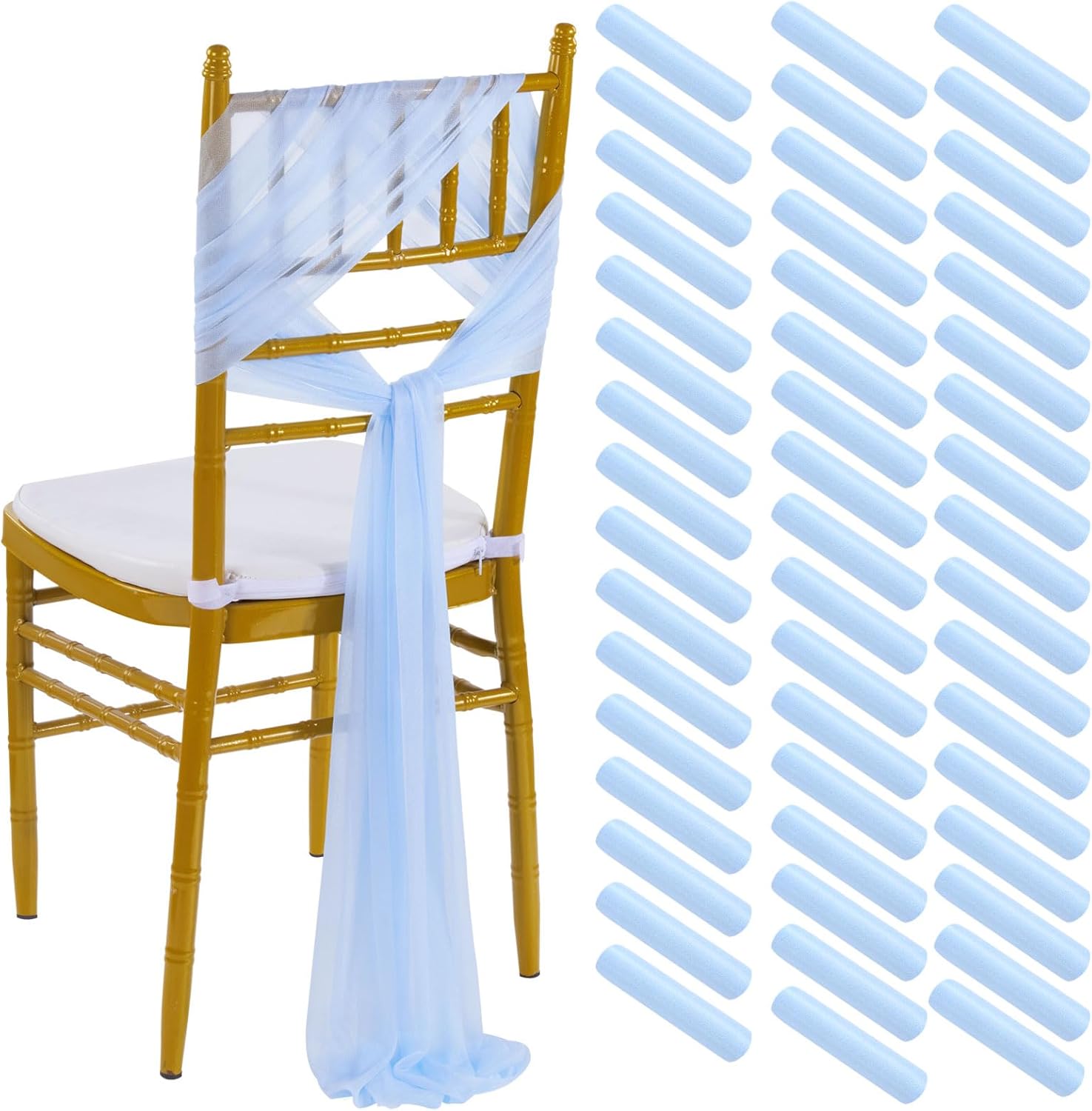 PakiInno Light Blue Chair Sashes Ties 50 PCS Tulle Chair