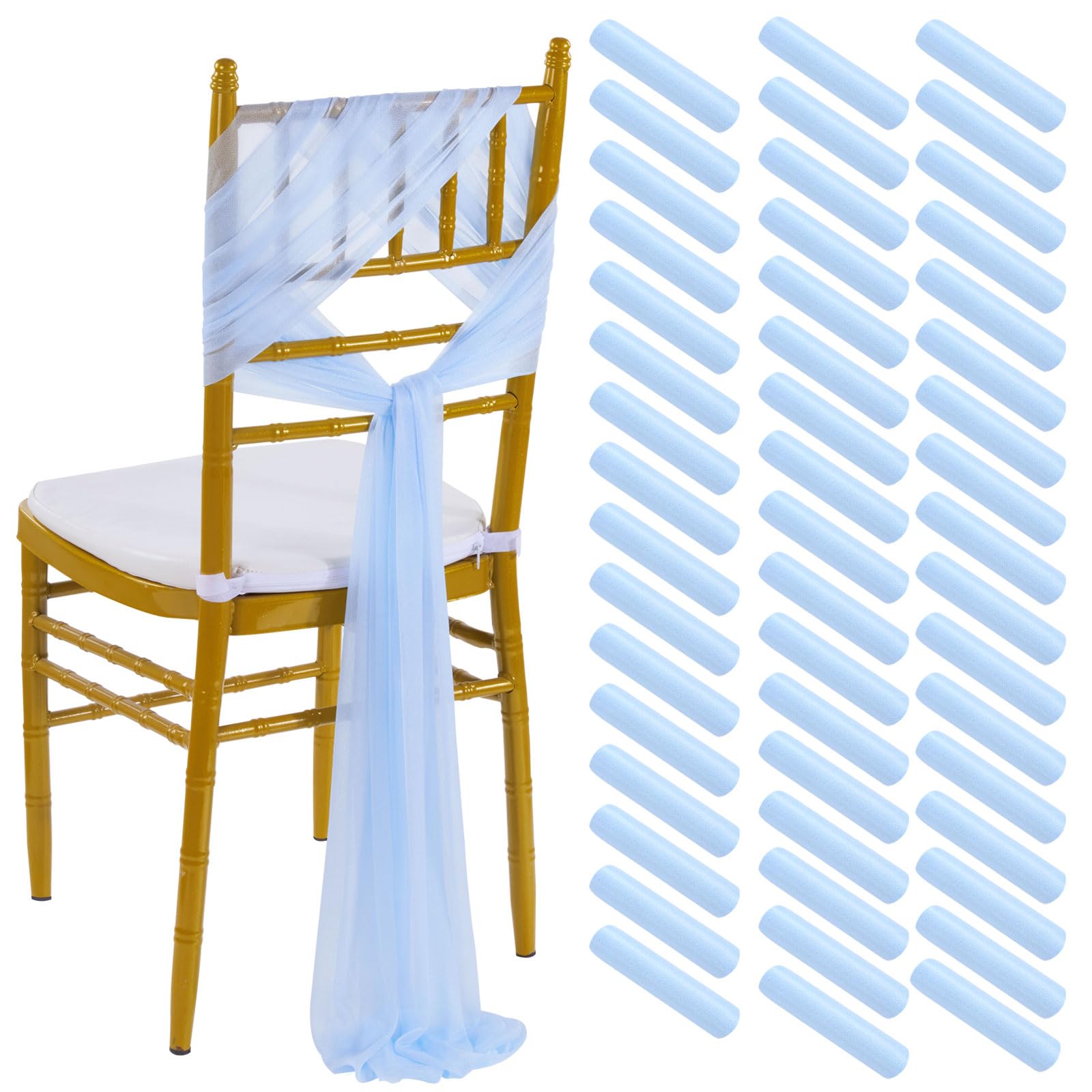 Light Blue Chair Sashes Ties: 50 PCS Tulle Chair Cover - 8ft Long Wedding Banquet Decorations for Aisle Back and Side of Chair Sheer Drapes Fabric