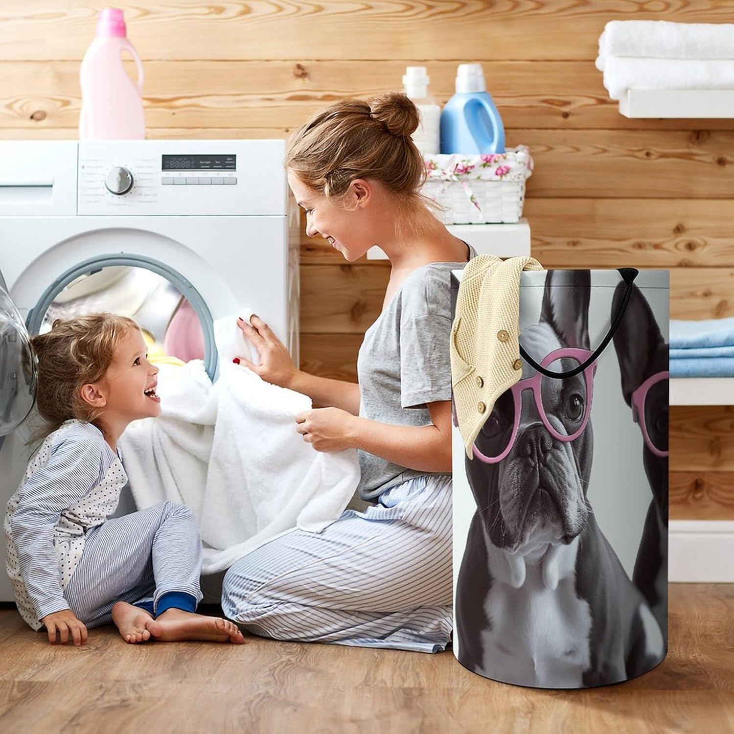 French Bulldog Pink Glasses Laundry Hamper with Handles Waterproof Collapsible Laundry Basket Large Lightweight Round Dirty Clothes Hamper for Home Dorm Bathroom Decor