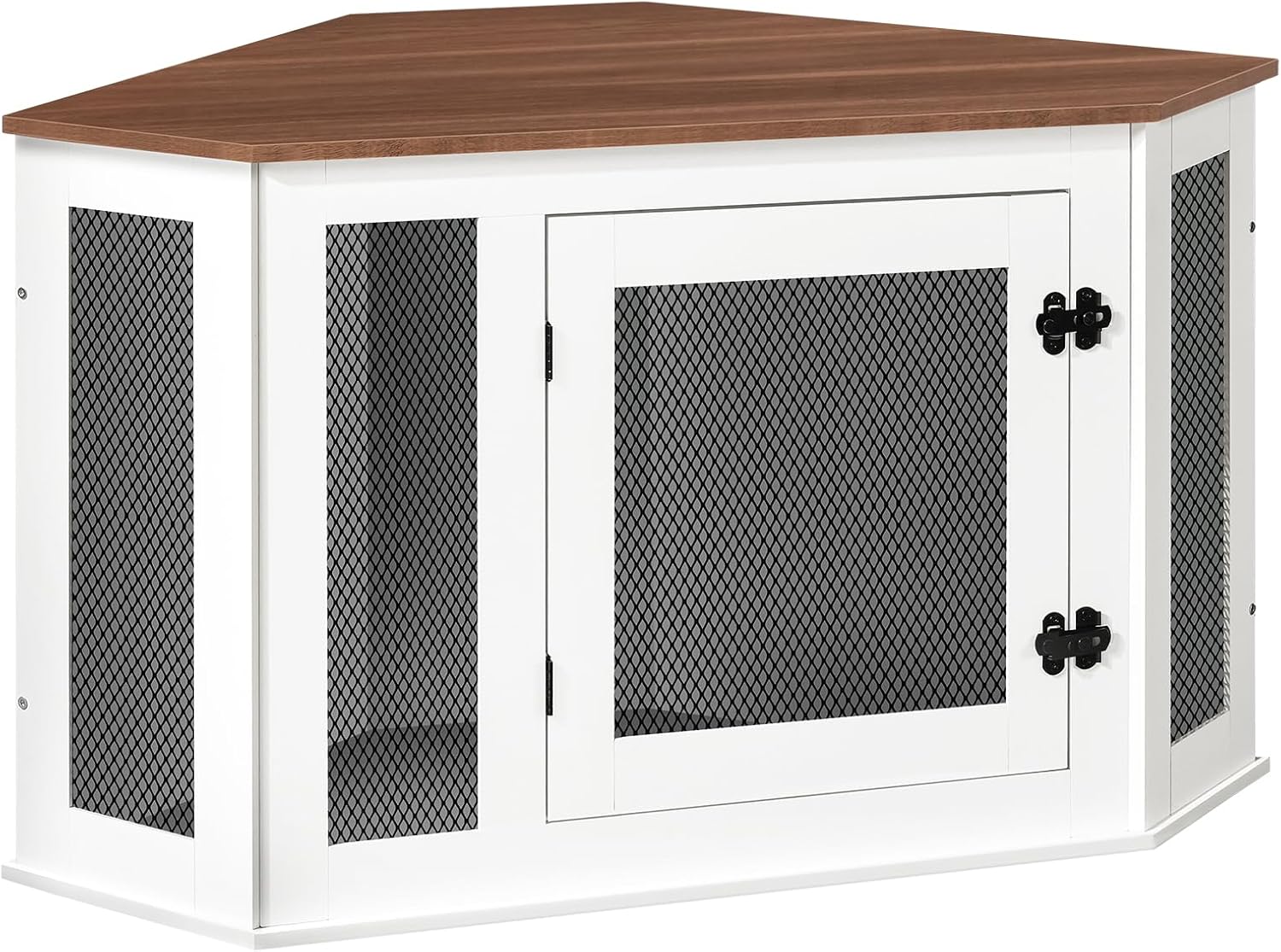 Corner Dog Crate Furniture, Wooden Dog Kennel End Table, Decorative Pet Crate Indoor Use, Furniture Style Dog House for Small Medium Dog, Dog Cage TV Stand, White and Walnut DCBA0801
