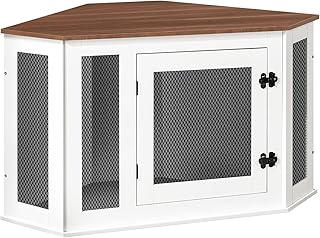 Corner Dog Crate Furniture, Wooden Dog Kennel End Table, Decorative Pet Crate Indoor Use, Furniture Style Dog House for Small Medium Dog, Dog Cage TV Stand, White and Walnut DCBA0801