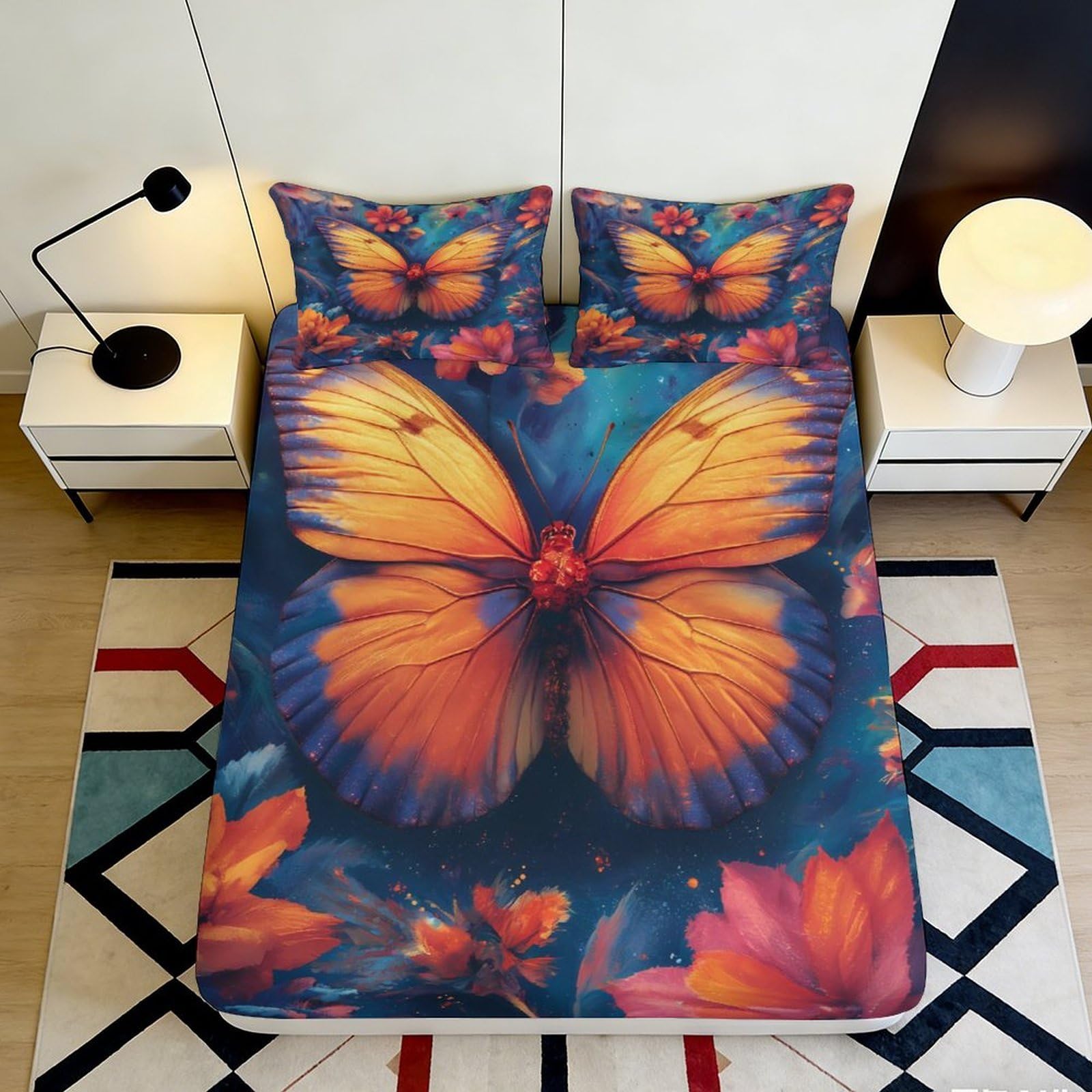 3D Printed Orange Butterfly Fitted Sheet Microfiber Non Slip Floral Mattress Cover for Bedroom Dorm Gift 140x200x25cm