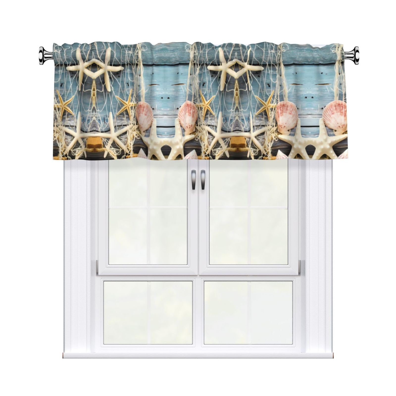 WHJDPP Beach Seashells Starfish Sand Prints Charming Kitchen Window Cover – 54x18 Inch Peach Skin Valance with Decorative Print