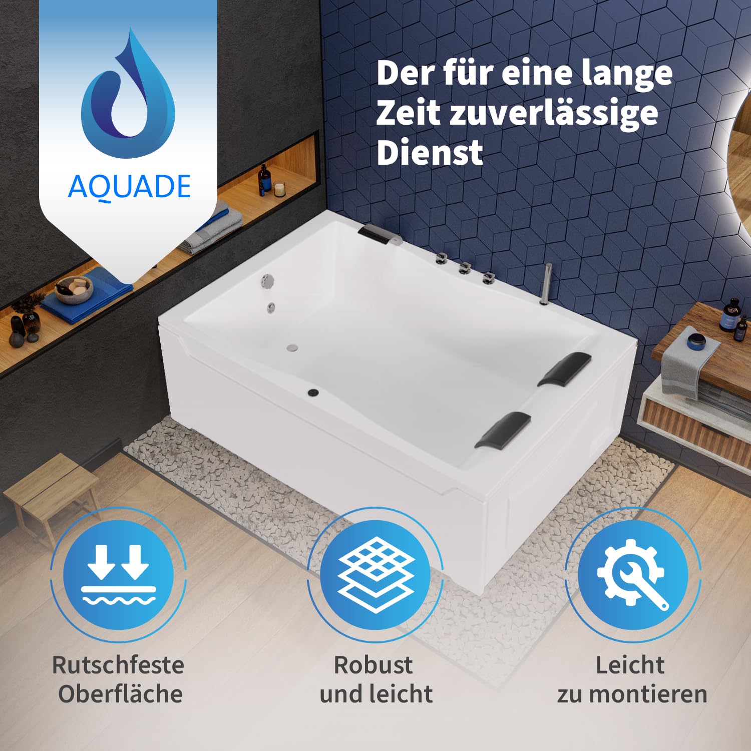 AQUADE Acryl Badewanne 180x120 cm Modell: Hamburg Badewanne Komplettset mit Wannenfüßen + Schürze + Ab-Überlauf-Garnitur + Wannenrandarmatur + Nackenkissen + LED/Konfigurieren Sie Ihre Wanne