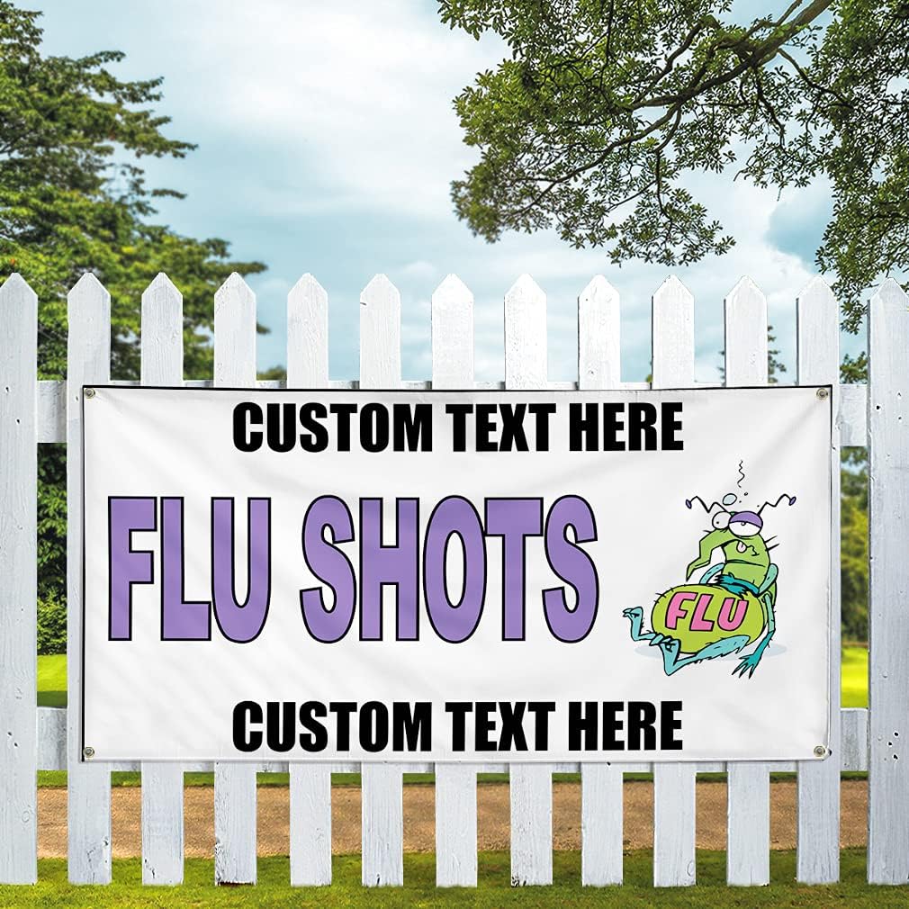 Custom Vinyl Banner Multiple Sizes Flu Shots Health and Wellness Flu Shots Banners Outdoor Weatherproof Industrial Yard Signs 4 Grommets Personalized Text Here 16x40Inches