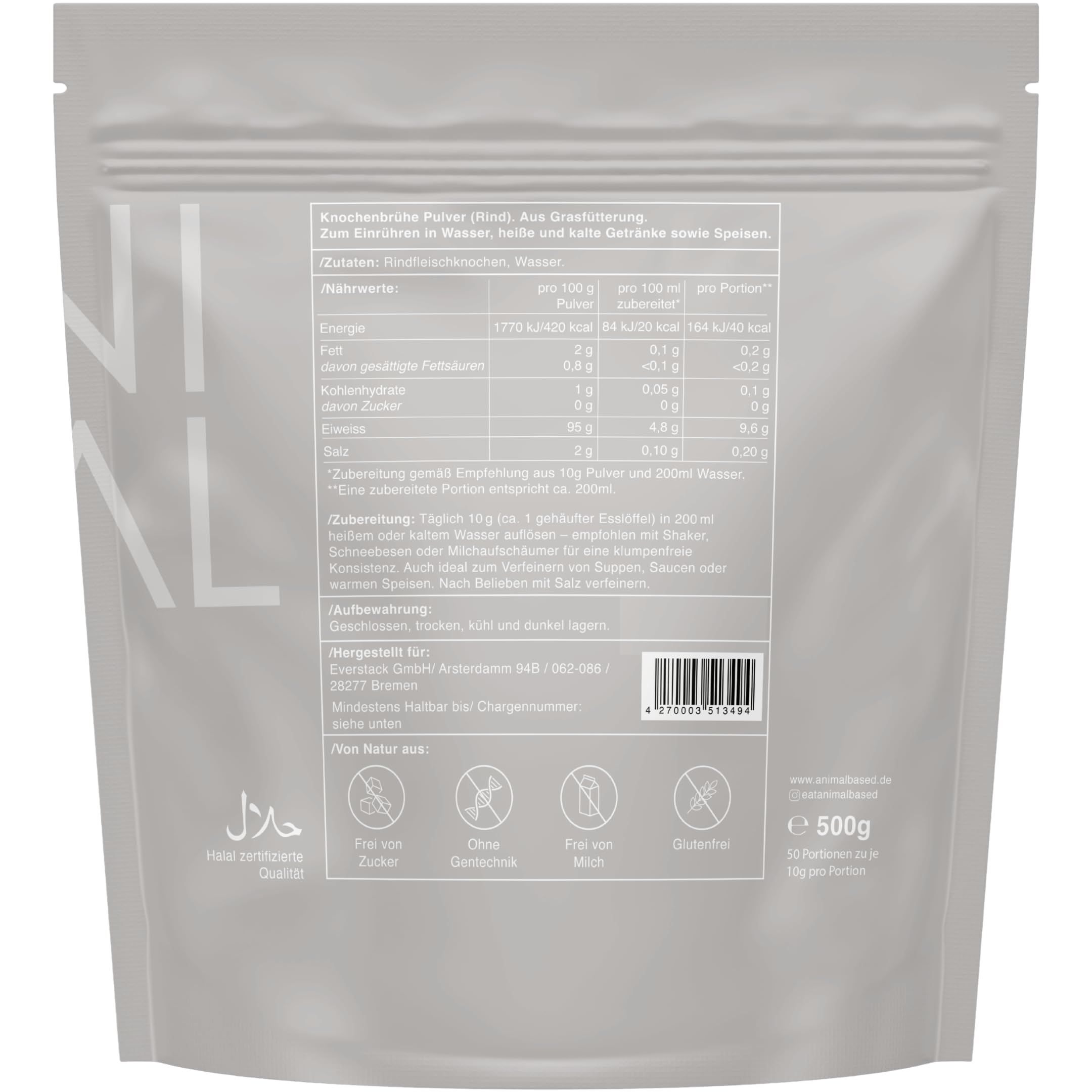 Caldo de hueso en polvo 500 g 50 porciones 81% colágeno Suecia Alemania sin aditivos halal