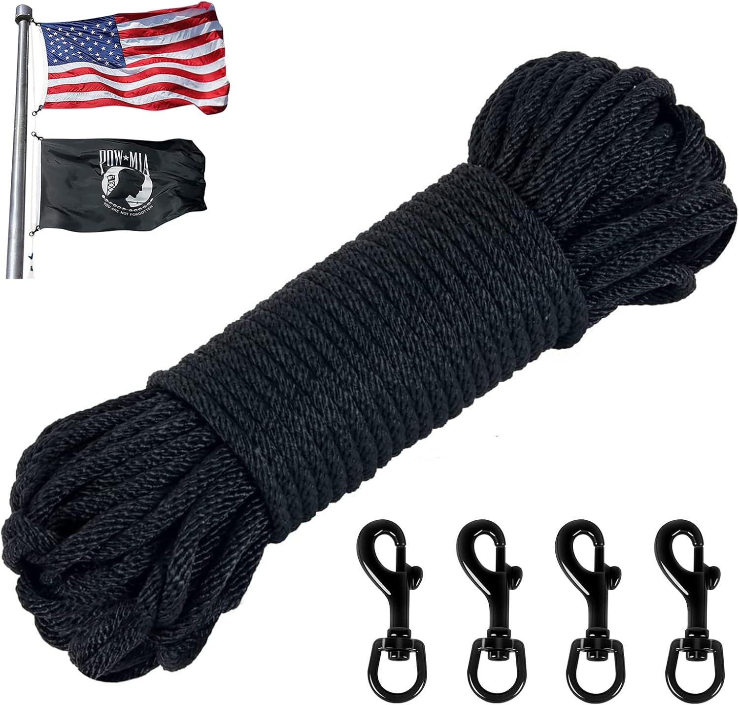 NQ Flag Pole Rope Line Kit50Ft x 1/4" Diameter Nylon Flag Pole Halyard Rope with 4