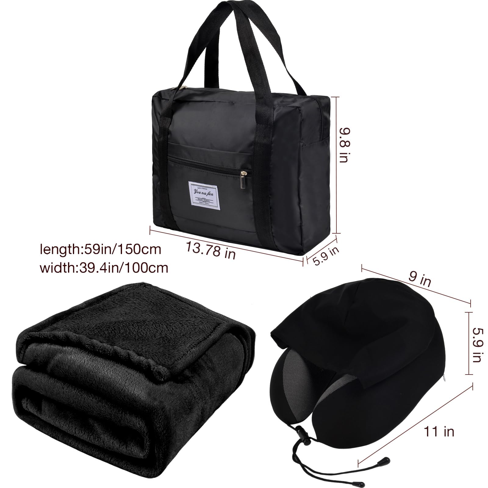Juego de almohada de viaje – Almohada de cuello de viaje y manta para avión, manta gruesa de forro polar, almohadas de cuello de espuma viscoelástica con capucha, bolsa de lona plegable, máscara de 2
