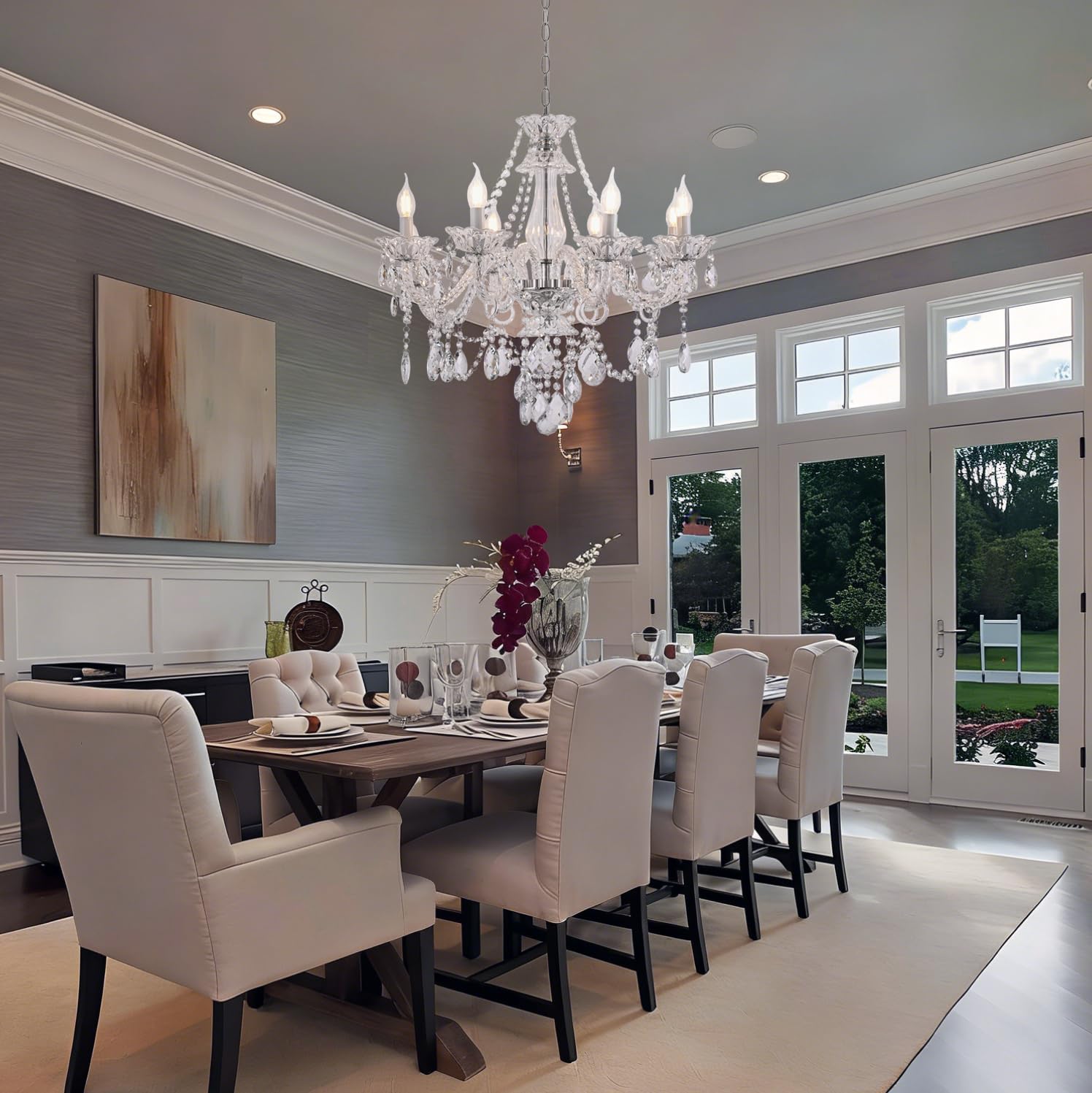 Contemporary Clear Crystal Chandelier, Elegant Candle Style Chandelier Lighting Fixture for Dining Room Living Room Bedroom Hallway Entryway 8 White E12 Lamp Sockets