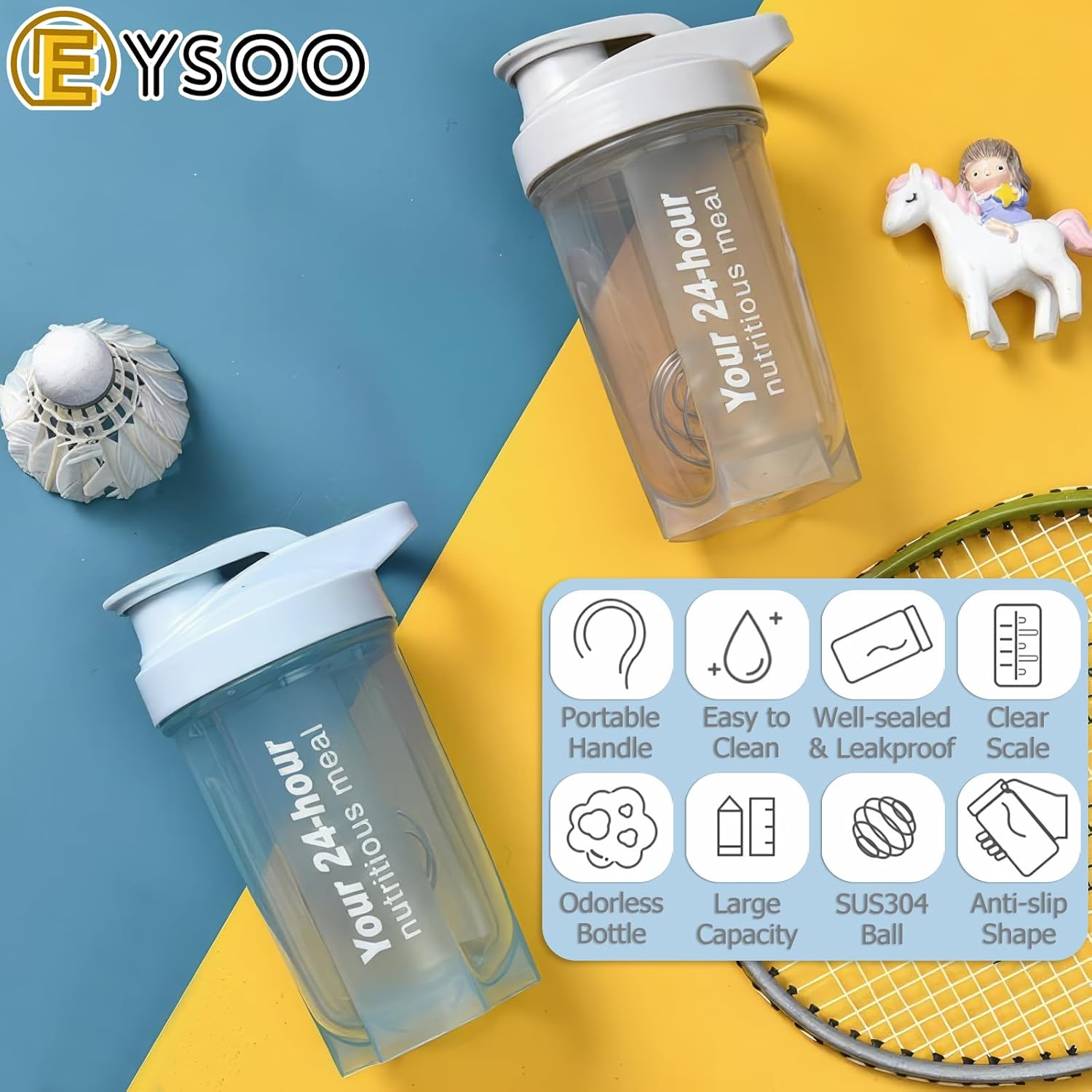 زجاجة خلط البروتين مانعة للتسرب وخالية من مادة BPA لصالة الألعاب الرياضية من ايسو، لون رمادي وأزرق، سعة 500 مل، قطعتان - الصورة 3