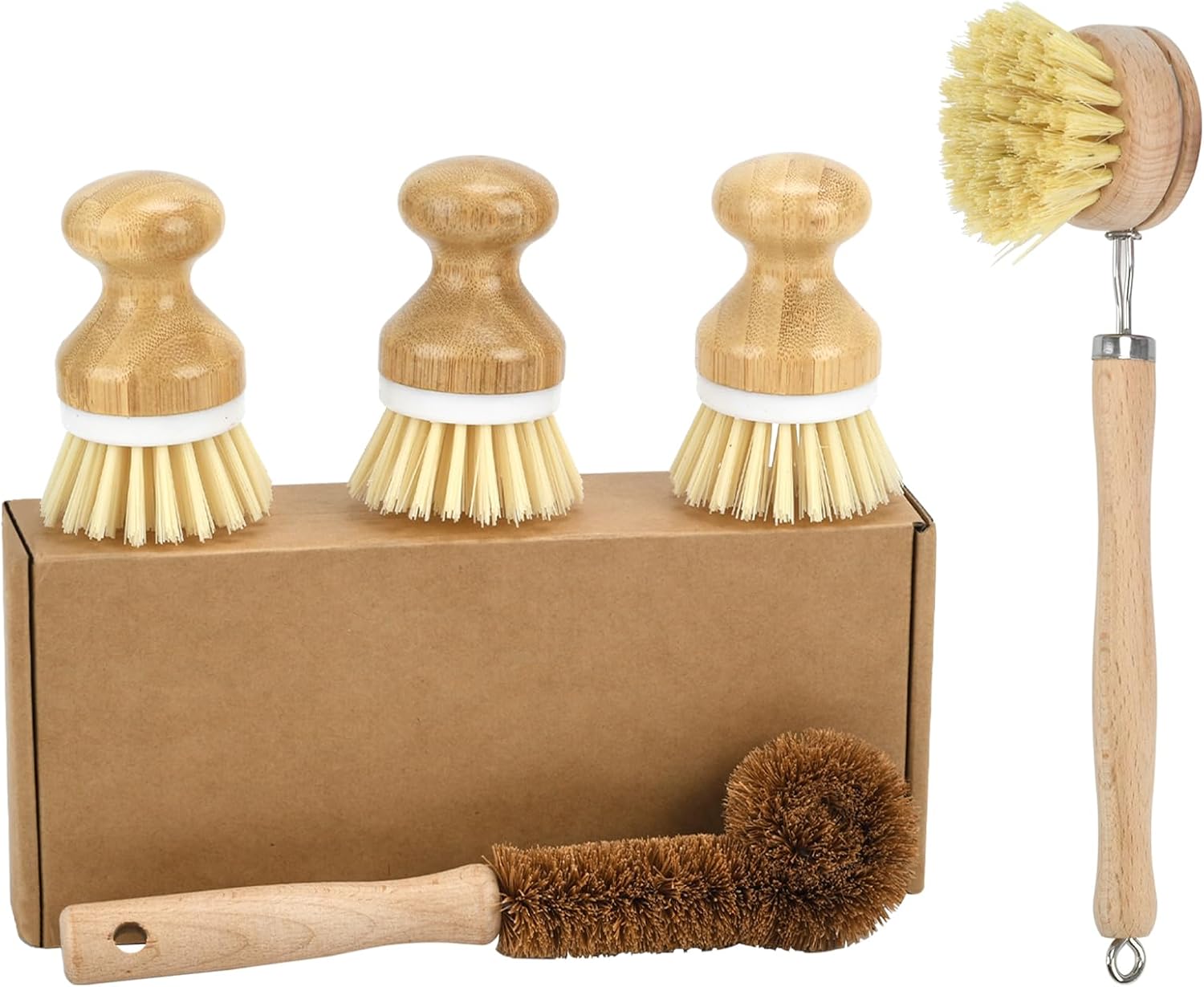 5 Pack Bamboo Dish Brush Set, Natural Kitchen Scrubber & Bottle Brush, Wooden Dish Brush for Cleaning Dishes, Pots, Pans, Bottles, Vegetables, Sinks, Woks