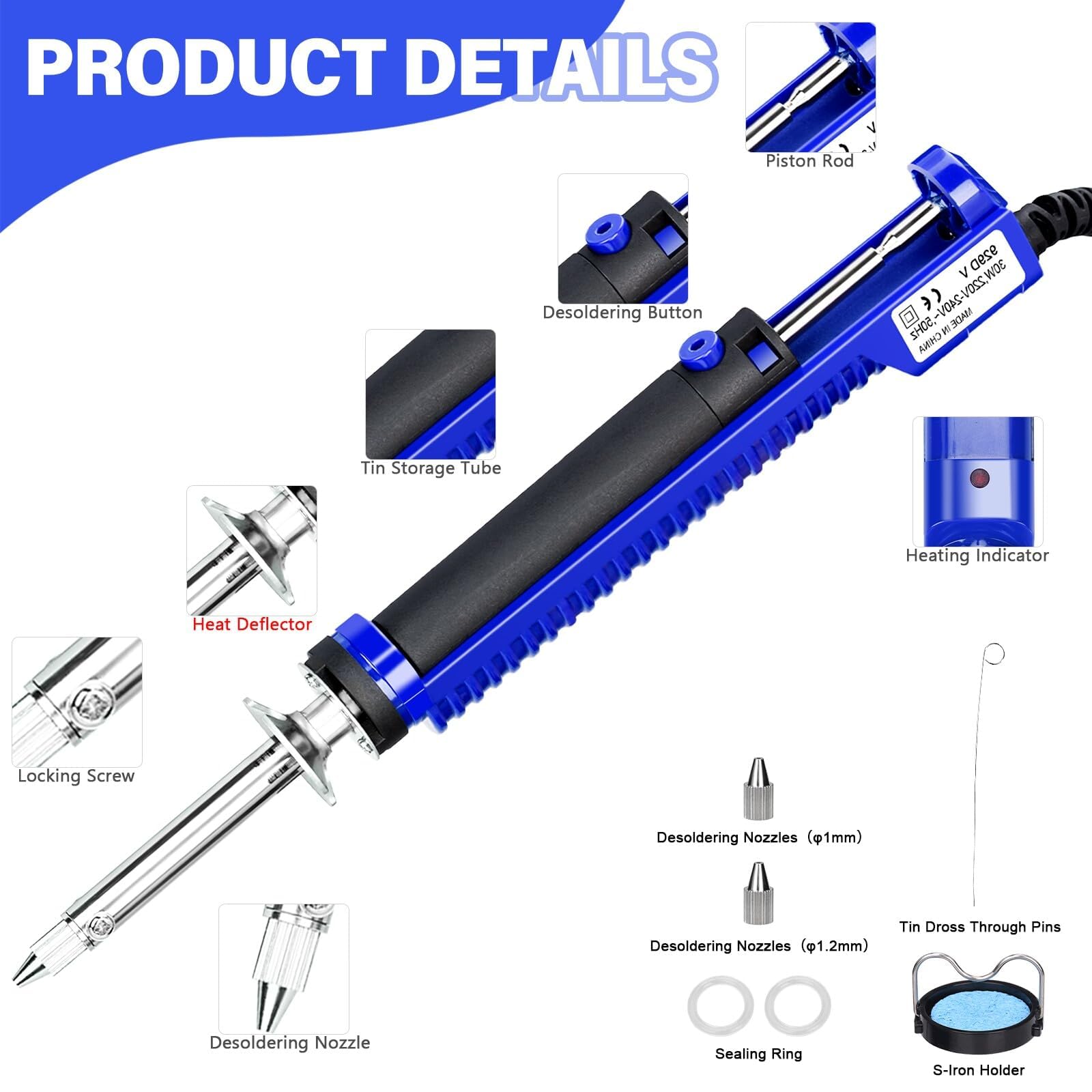 Saldatore a Stagno Professionale 240V 30W Pompa Dissaldante Elettrica con Ugelli 1,0mm 1,2mm