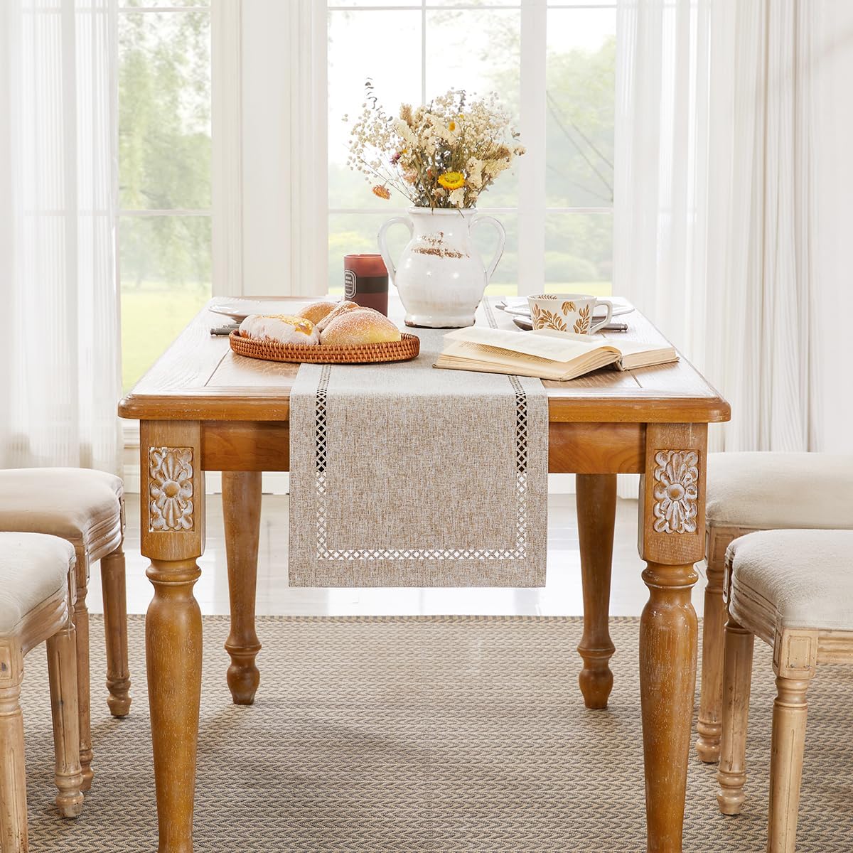 Burlap Style Farmhouse Table Runner, 13 x 36 Inch Coffee, Rustic Geometric Hollow Table Runners 36 Inches Long for Dresser Table Everyday Use, 13x36 Inches, Coffee