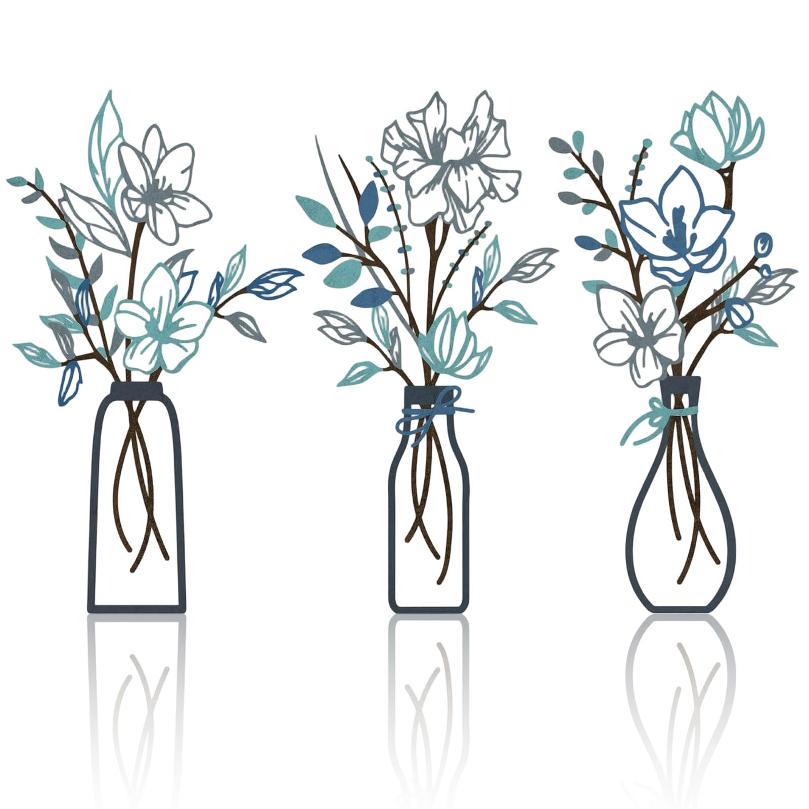 3Pcs Metal Flower Wall Art, Blue Flower Wall Decor, Creative Home Decoration for Living Room, Bathroom, Bedroom, Patio, Balcony, Kitchen