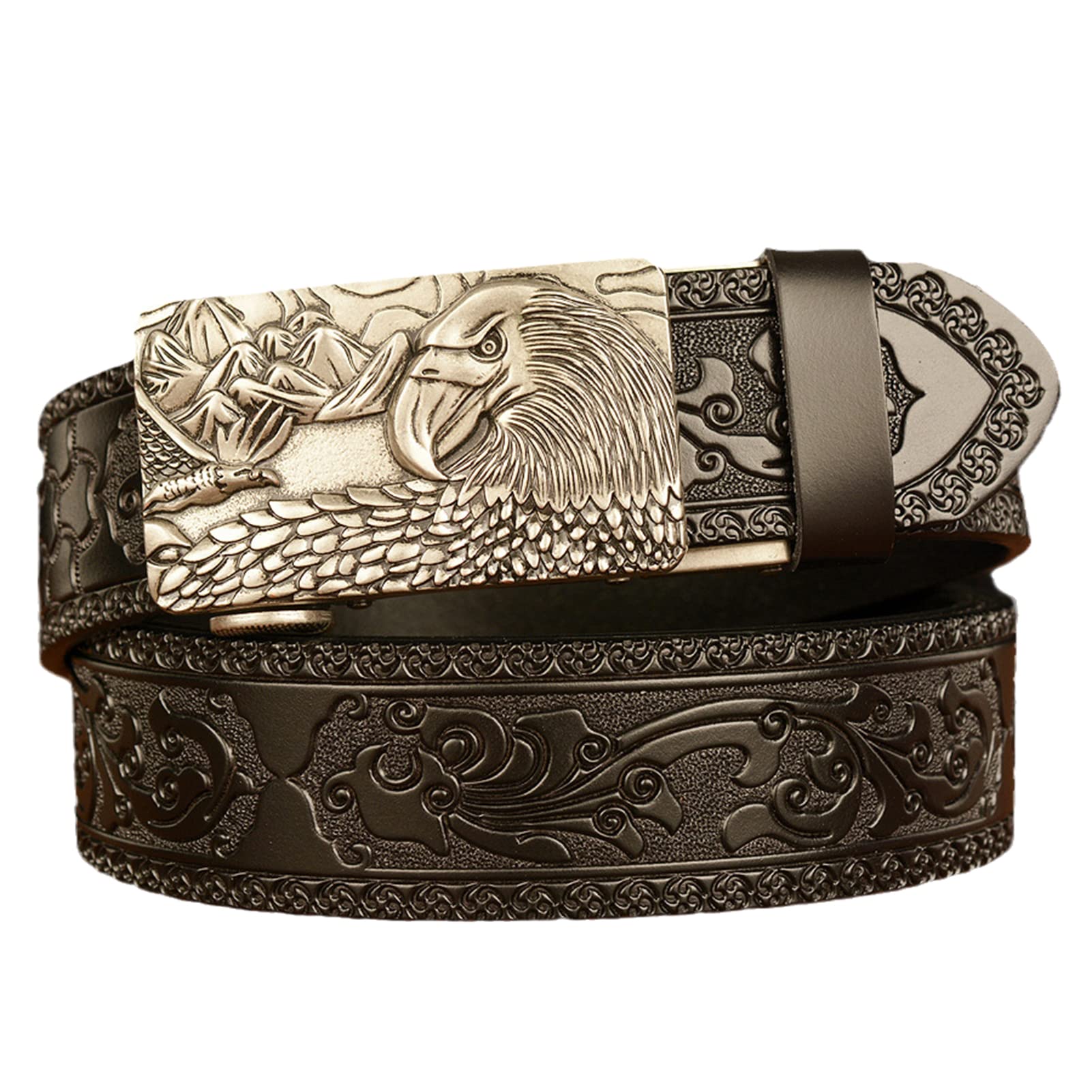 Cinturón con relieve de trinquete y hebilla automática deslizante del rey de los animales, correa de cintura occidental con grabado Floral para pantalones vaqueros