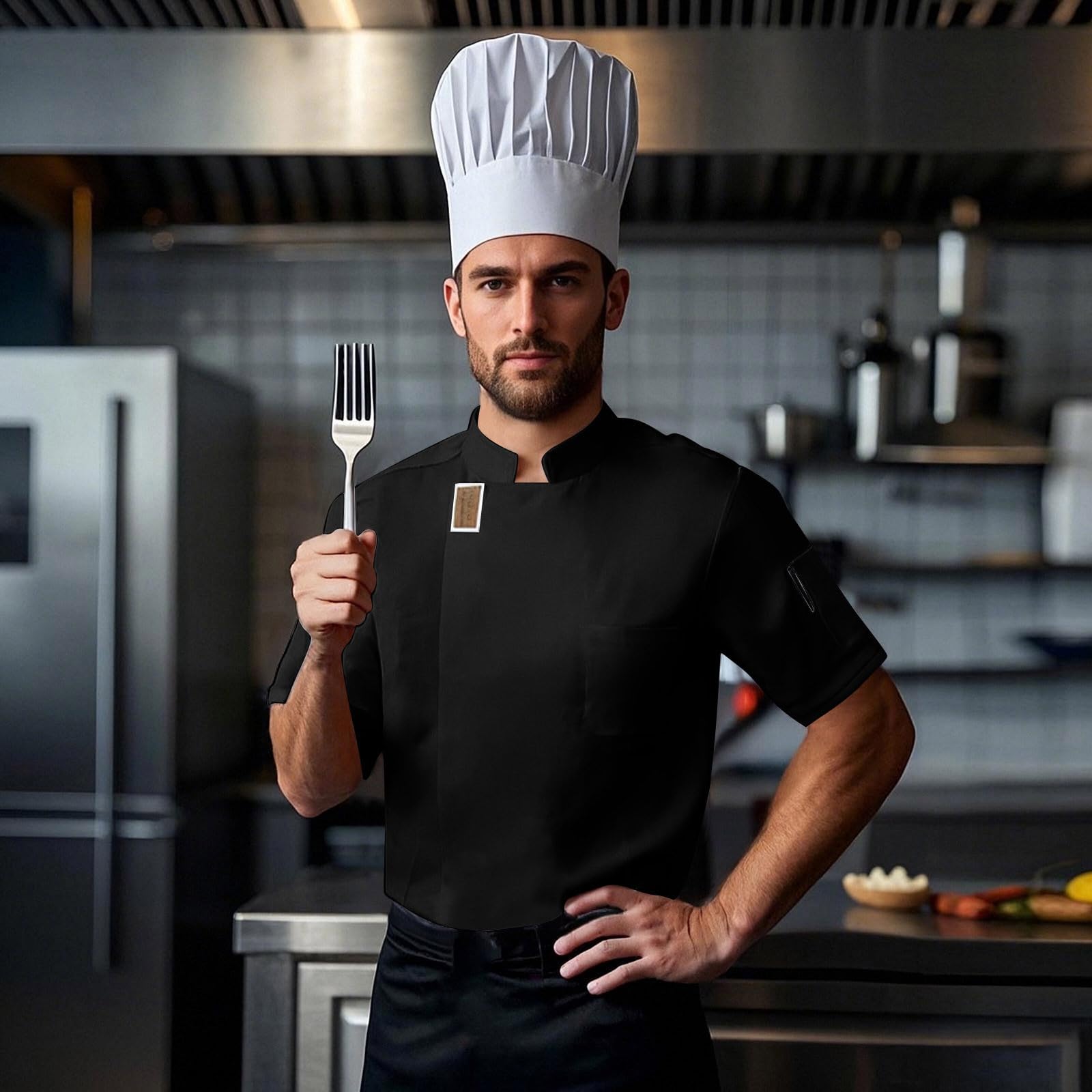 Veste de cuisinier à manches courtes pour homme - Veste de travail - Vêtement de cuisine - Chemise de cuisine - Chemise de chef professionnel - Uniforme professionnel - Vêtement professionnel