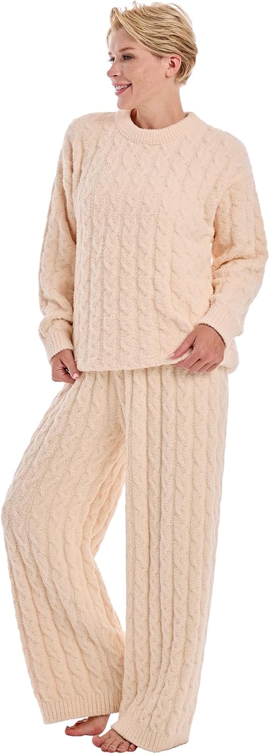 Womens Fleece 2 Piece Pajamas Flannel Fluffy Pullover Pajama For Women Cozy Lounge Set Warm Knit - Image 2