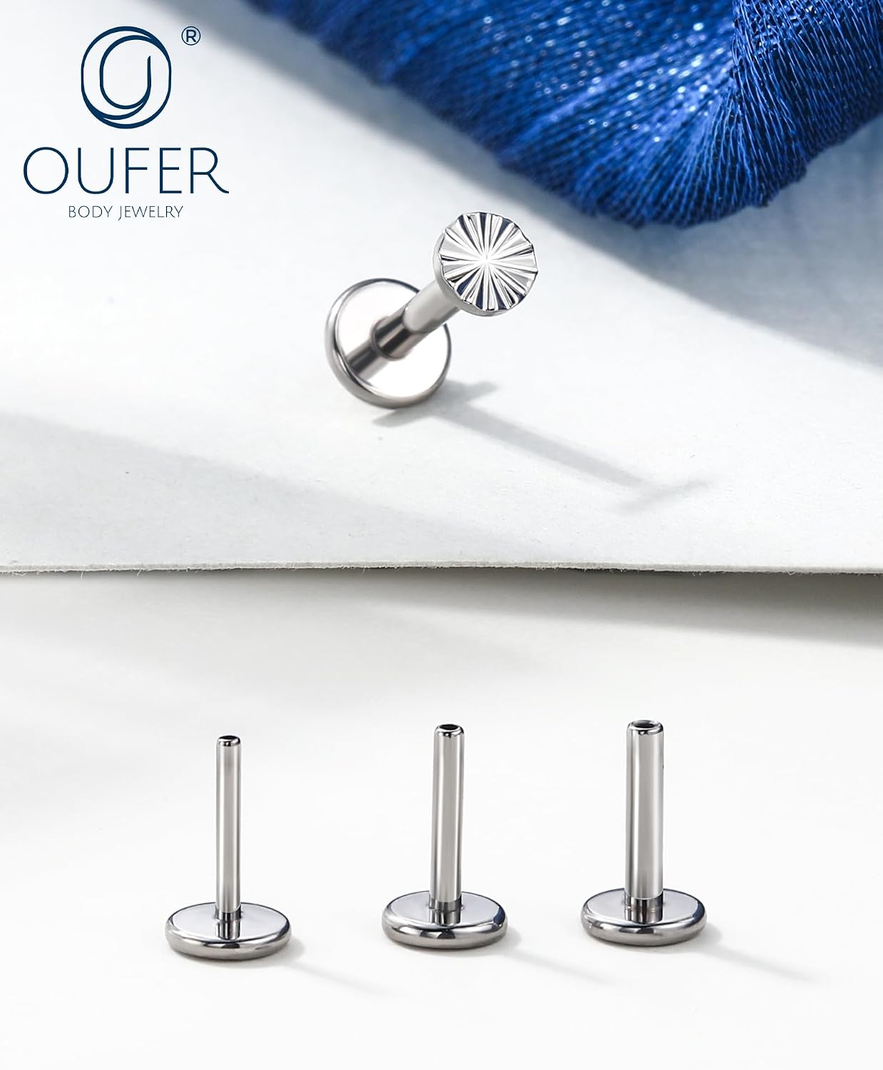 OUFER G23 Titanium Threadless Push Pin Labret Stud Earrings for Unisex – Hammered/Sunburst Disc Star, 20G 18G 16G, 6mm Bar, Hypoallergenic Jewelry for Lip, Lobe, Helix, Tragus, Cartilage Piercings