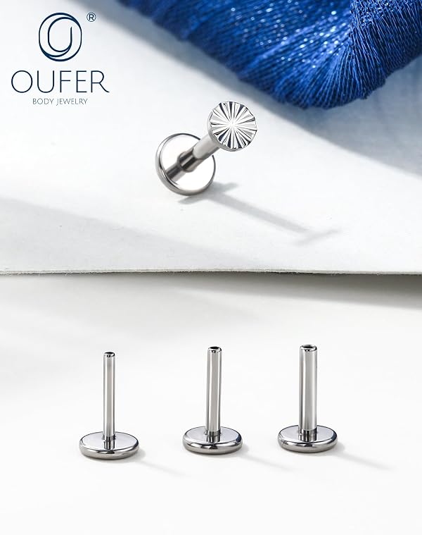 OUFER G23 Titanium Threadless Flat Back Labret Stud Silver 2mm Sunburst Disc Top 16G 6mm Bar Push Pin Hypoallergenic Lip Lobe Helix Cartilage Tragus Piercing Jewelry for Women Unisex Sensitive Ears by OUFER - Used condition - Image 7